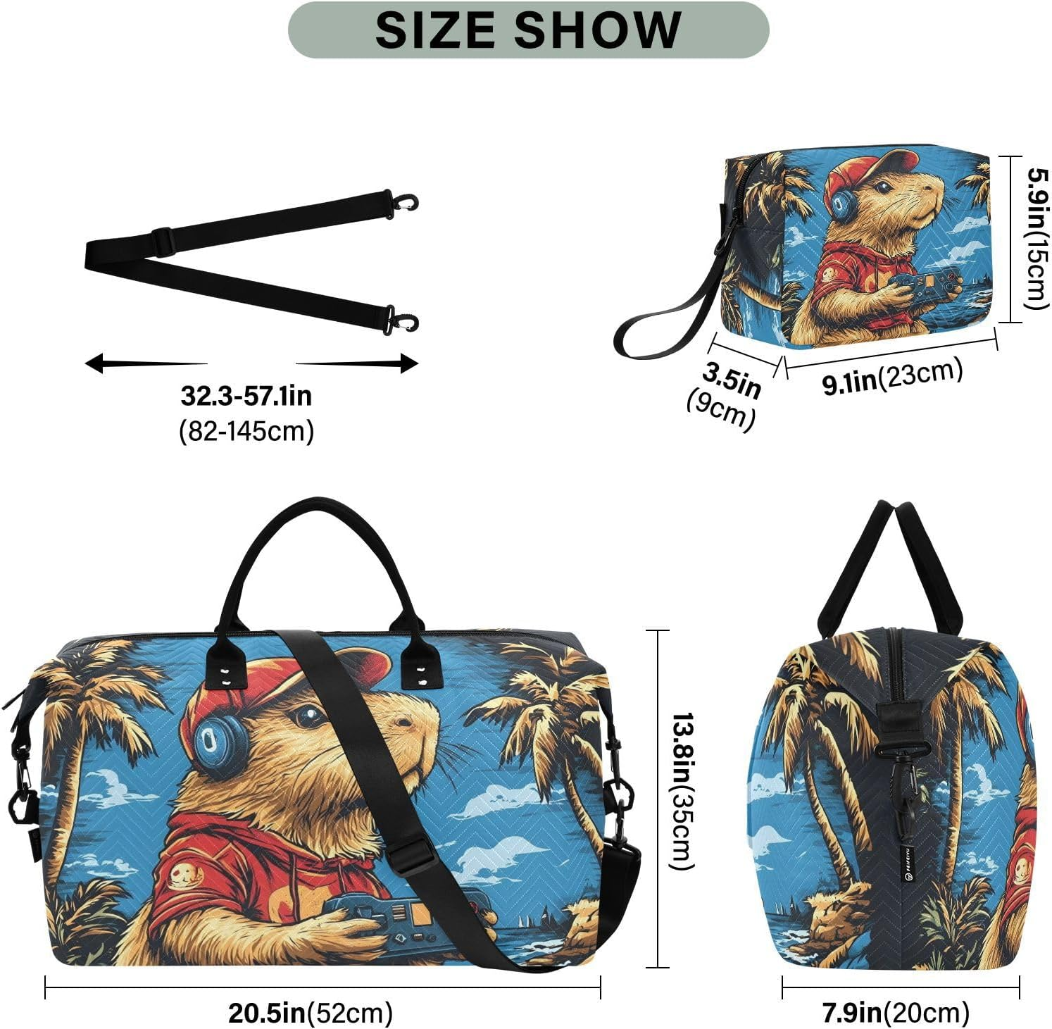 WOIWB Capybara Palm Tree Duffel Bag for Travel Gym Sport, Weekender Travel Bags Carry on Overnight Bag, Multicolor, 20.5 X 7.9 X 13.8 Inches+9.1 X 3.5 X 5.9 Inches image number 4