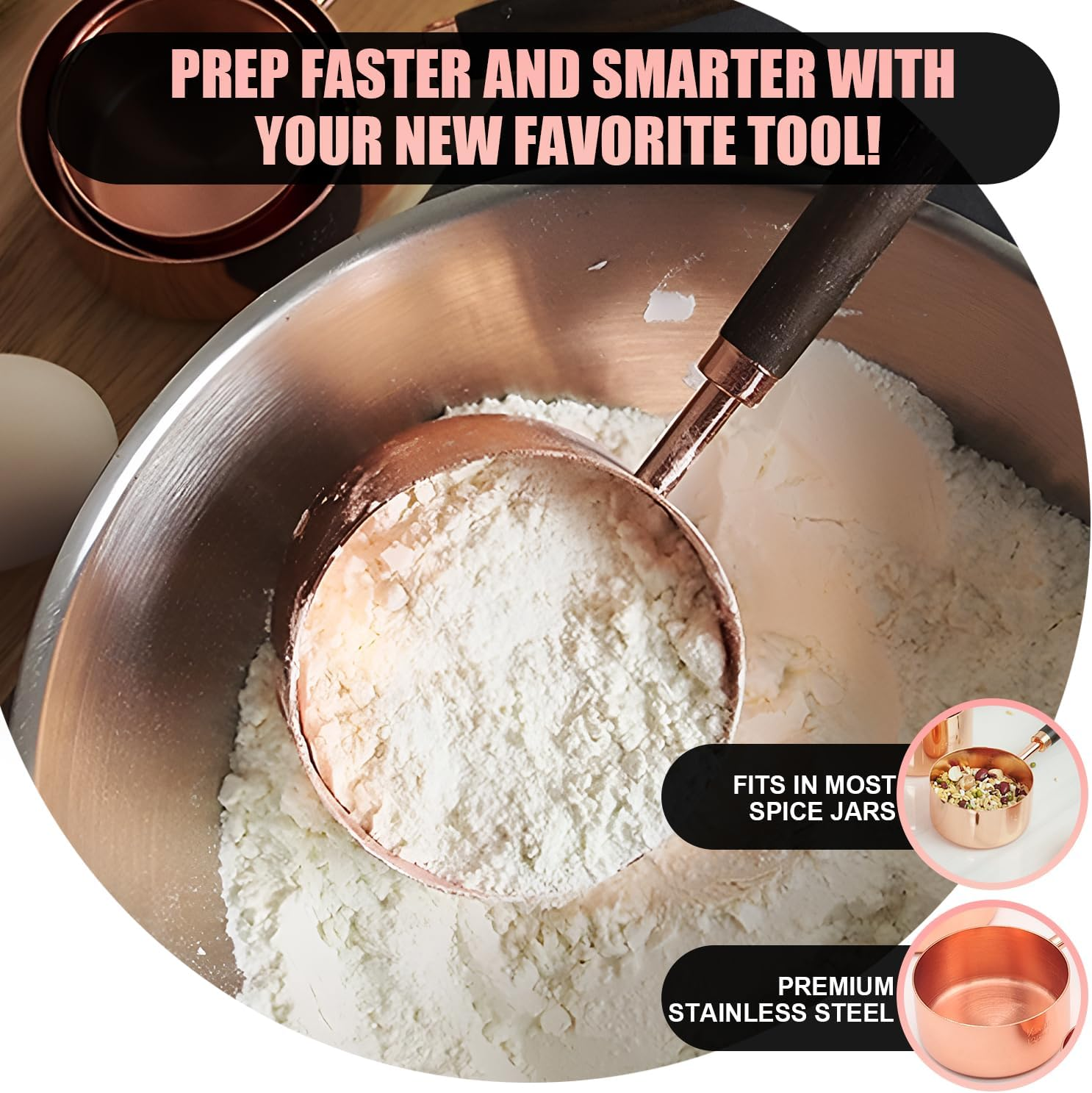 Gold Measuring Cups and Spoons Set with Wood Handles, Premium Stainless Steel Measuring Spoons and Measuring Cups Set (Set-Rose Gold) - Set-Gold image number 2