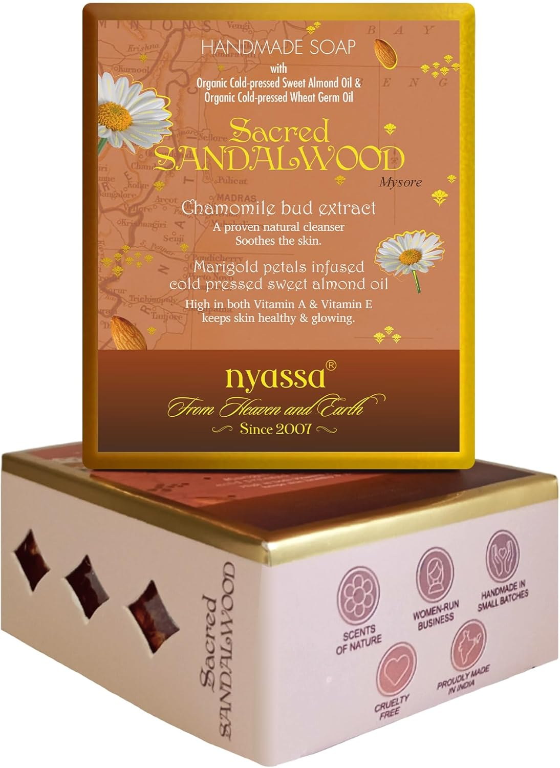 Nyassa Sacred Sandalwood Handmade Soap with Natural Ingredients and a Warm Woody Fragrance. Enriched with Chamomile Extracts and Calendula Extracts. Sweet Almond Oil No Paraben, Cruelty Free (150Gm) image number 1