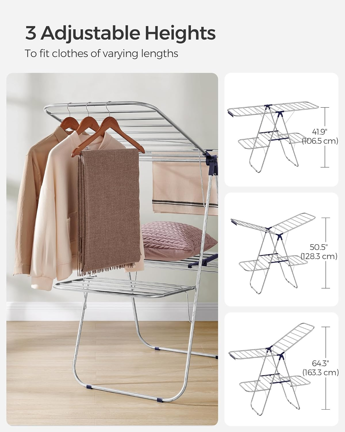 SONGMICS Clothes Drying Rack, Foldable 2-Level Laundry Drying Rack, Free-Standing Laundry Airer, with Height-Adjustable Wings, 33 Drying Rails, Sock Clips, Silver and Blue ULLR53BUV1 image number 6