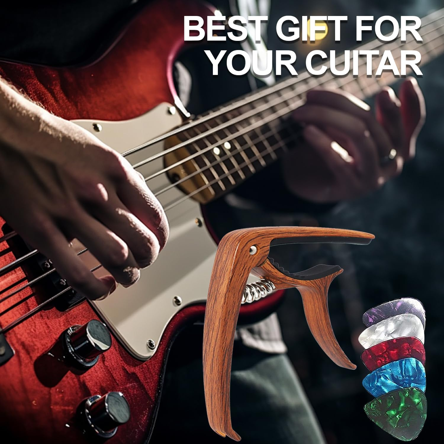 Guitar Capo, T Tersely Guitar Accessories Trigger Capo Clip with 5Pcs Guitar Picks for Acoustic and Electric Guitars,Ukulele image number 4