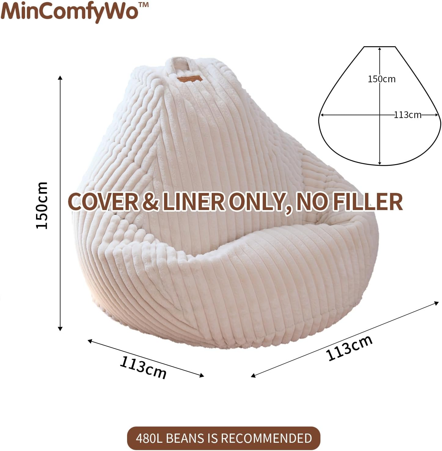 Mincomfywo Large Bean Bag Chair Cover (No Filler)- Stuffable Soft Beanbag Cover, Adults Lounge Gaming Lazy Sofa Bed for Living Room Bedroom (XL, Beige) image number 7