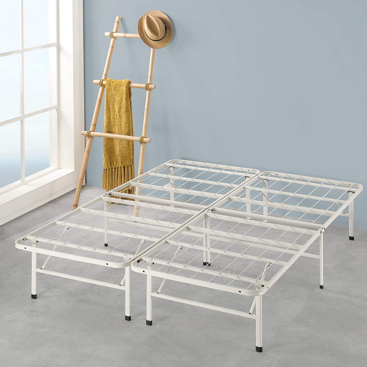 Zinus Smartbase Double Bed Base Frame White Foldable Premium Metal Heavy Duty Steel - Folding Bed Platform Mattress Foundation with under Bed Storage, Light Beige
