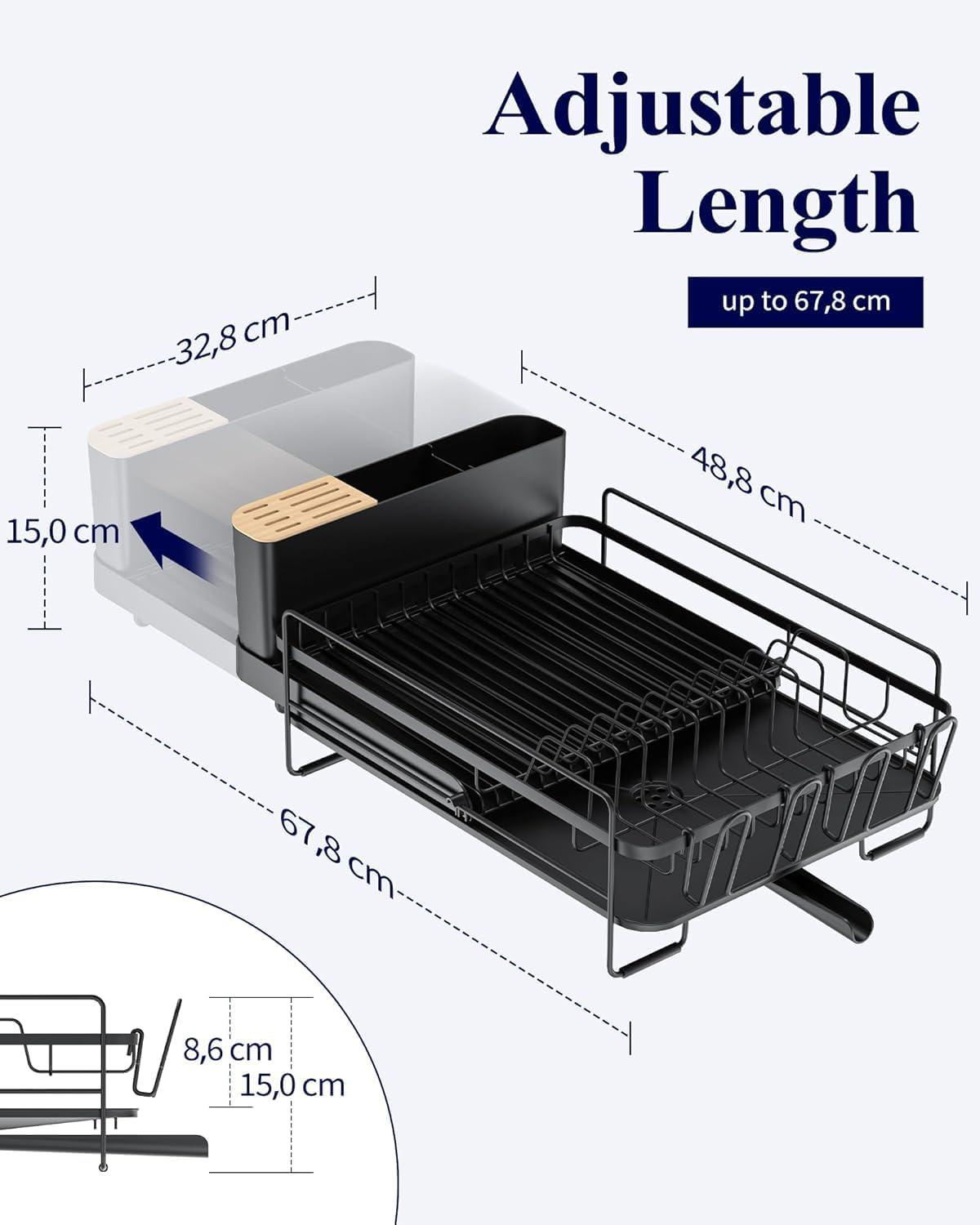 Kitsure Large Dish Drying Rack - Extendable Dish Drainer Rack with Cutlery & Cup Holders for Kitchen Counter, Kitchen Storage & Organisation, 67.8 X 32.7 X 14.9 Cm, Black image number 3