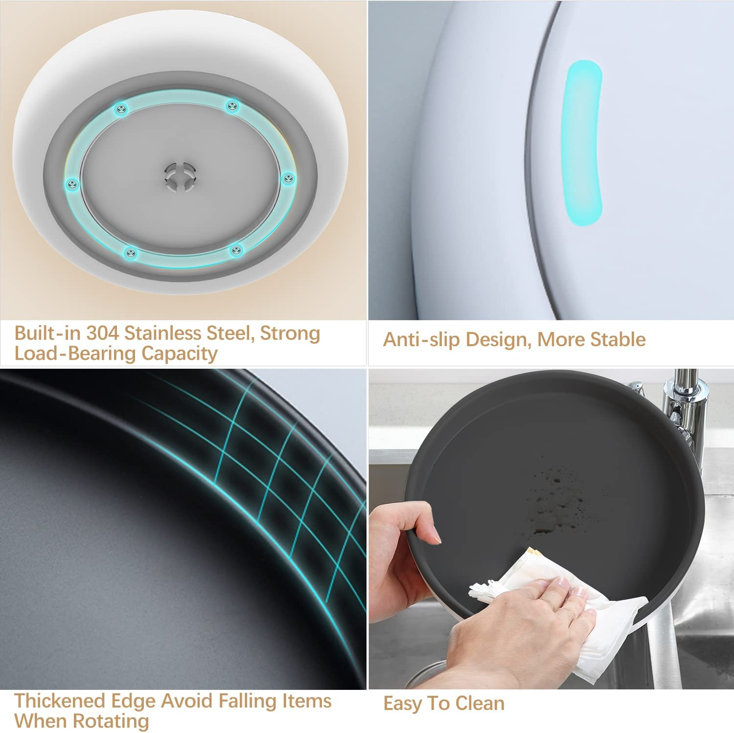 Lazy Susan Organiser 25Cm 360&deg; Rotating Tray for Kitchen Pantry Cupboard Black Lazy Susan Turntable for Cabinet Rotating Spice Rack Storage&hellip; - Grey image number 6