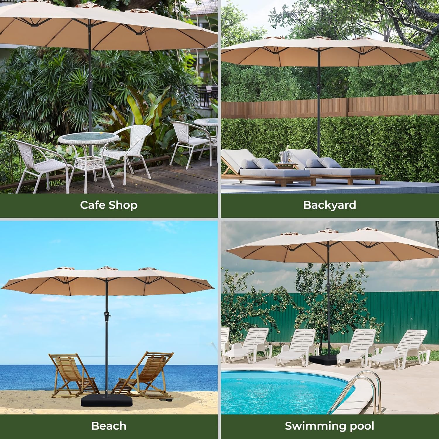 4X2M/4.5X2.6M Double-Sided Large Patio Umbrella with Base Included, Outdoor Extra Large Rectangle Market Umbrella with Crank Handle and 12 Sturdy Ribs for Pool Lawn Garden(Dark Grey/Khaki) image number 5