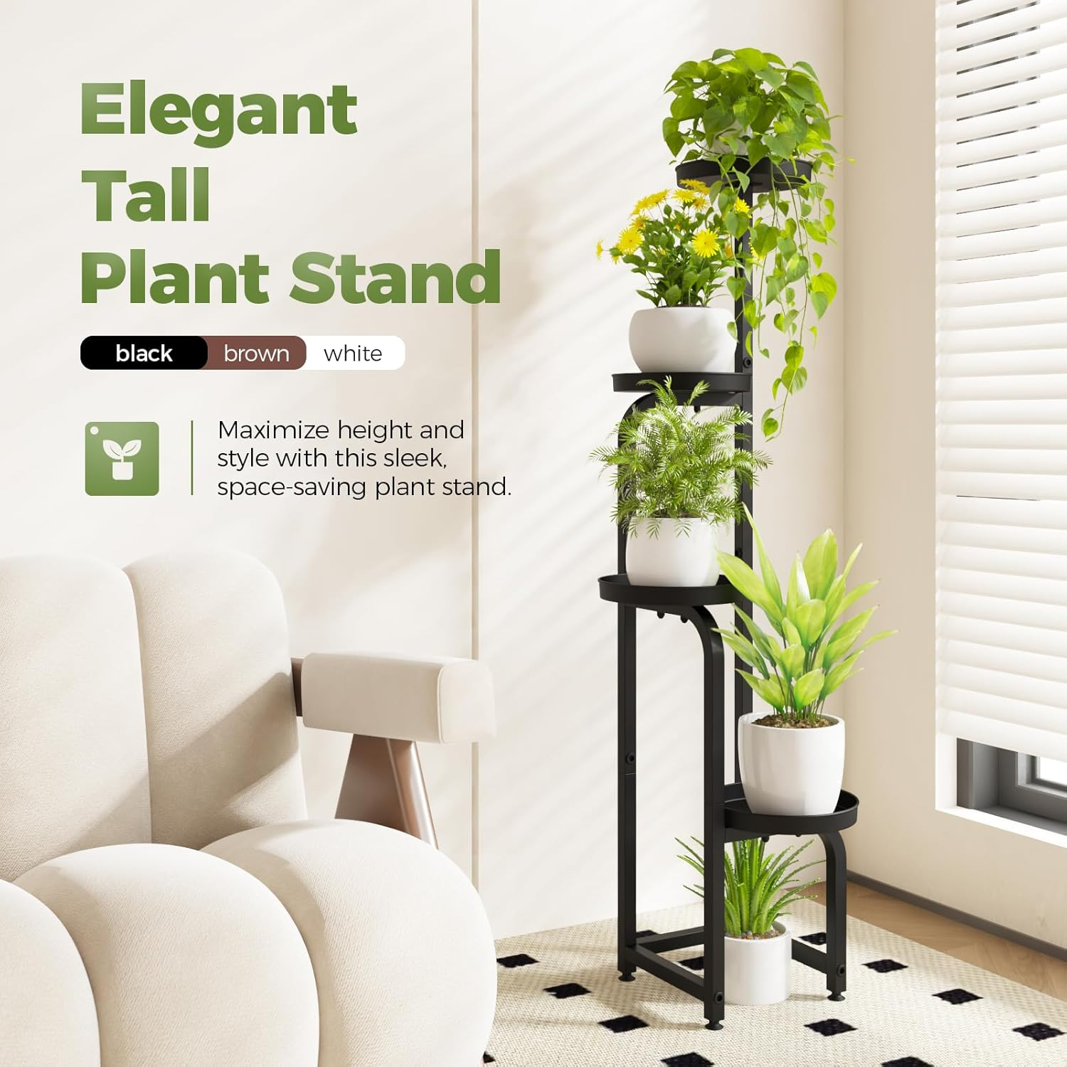 Bamworld Tall Plant Stand Indoor Outdoor, Corner Metal Flower Pot Stands for Multiple Plants, 4 Tier Heavy Duty Plant Shelf for Patio Garden Balcony Living Room Bedroom, Black image number 2