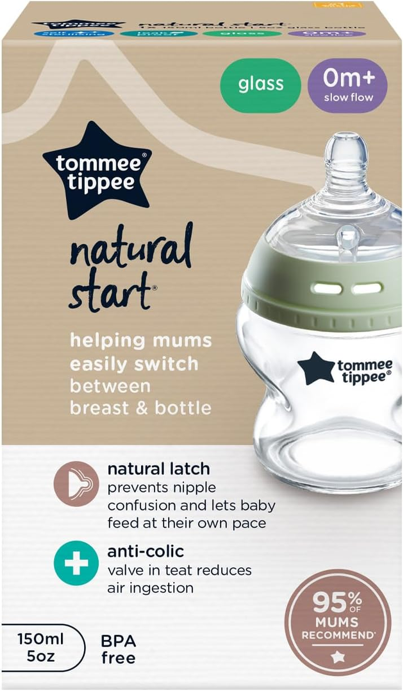 Tommee Tippee Baby Bottles, Natural Start Glass Anti-Colic Baby Bottle with Slow Flow Breast-Like Teat, 150Ml, 0M+, Self-Sterilising, Baby Feeding Essentials, Pack of 1 image number 1