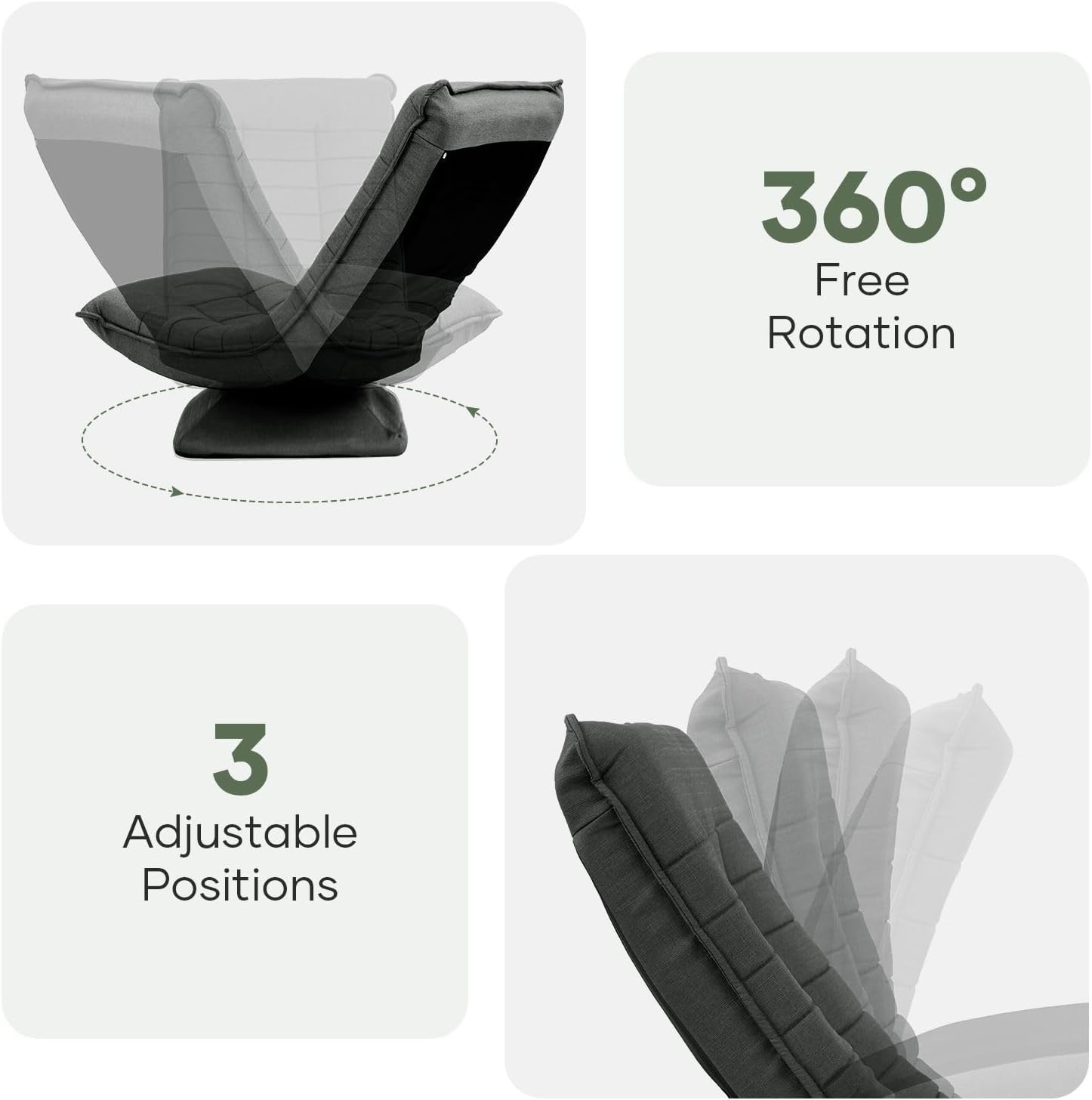 Luxsuite Swivel Floor Chair 3-Position Adjustable Folding Lazy Sofa Lounger Bed for Home & Living Room Chaise Lounge Indoor Dark Grey image number 3