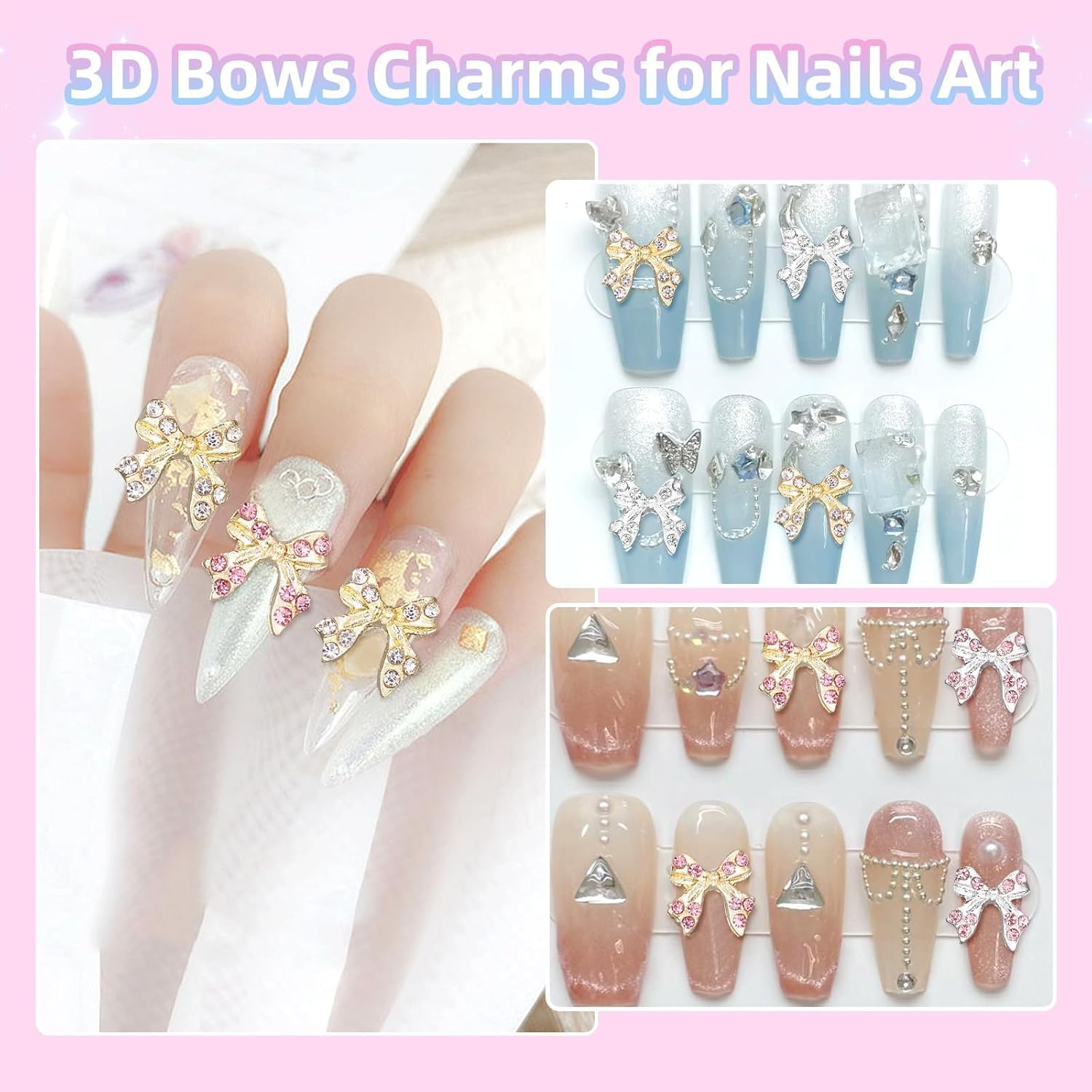 60 Pcs 3D Bow Nail Charm and Gems, Silver Gold Alloy Bowknot Nail Gems, 4 Colors Bows Acrylic Nail Art Charms Glitter Nail Gems Charms for Nail Art DIY Decoration Accessories Crafts