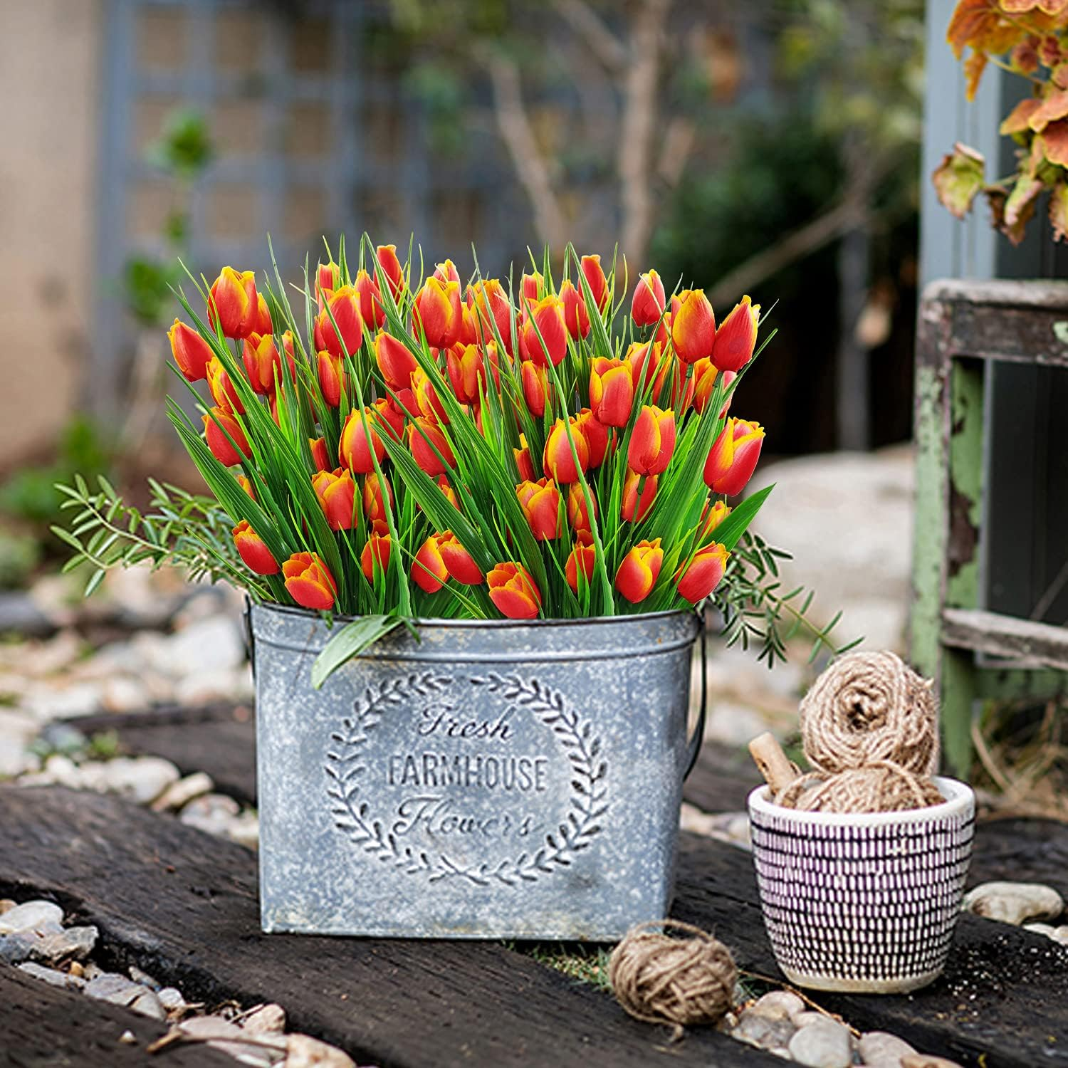 8 Bundles Outdoor Artificial Tulips Fake Flowers UV Resistant Faux Plastic Greenery Shrubs Plants for Home outside Garden Porch Window Farmhouse Decor (Orange)