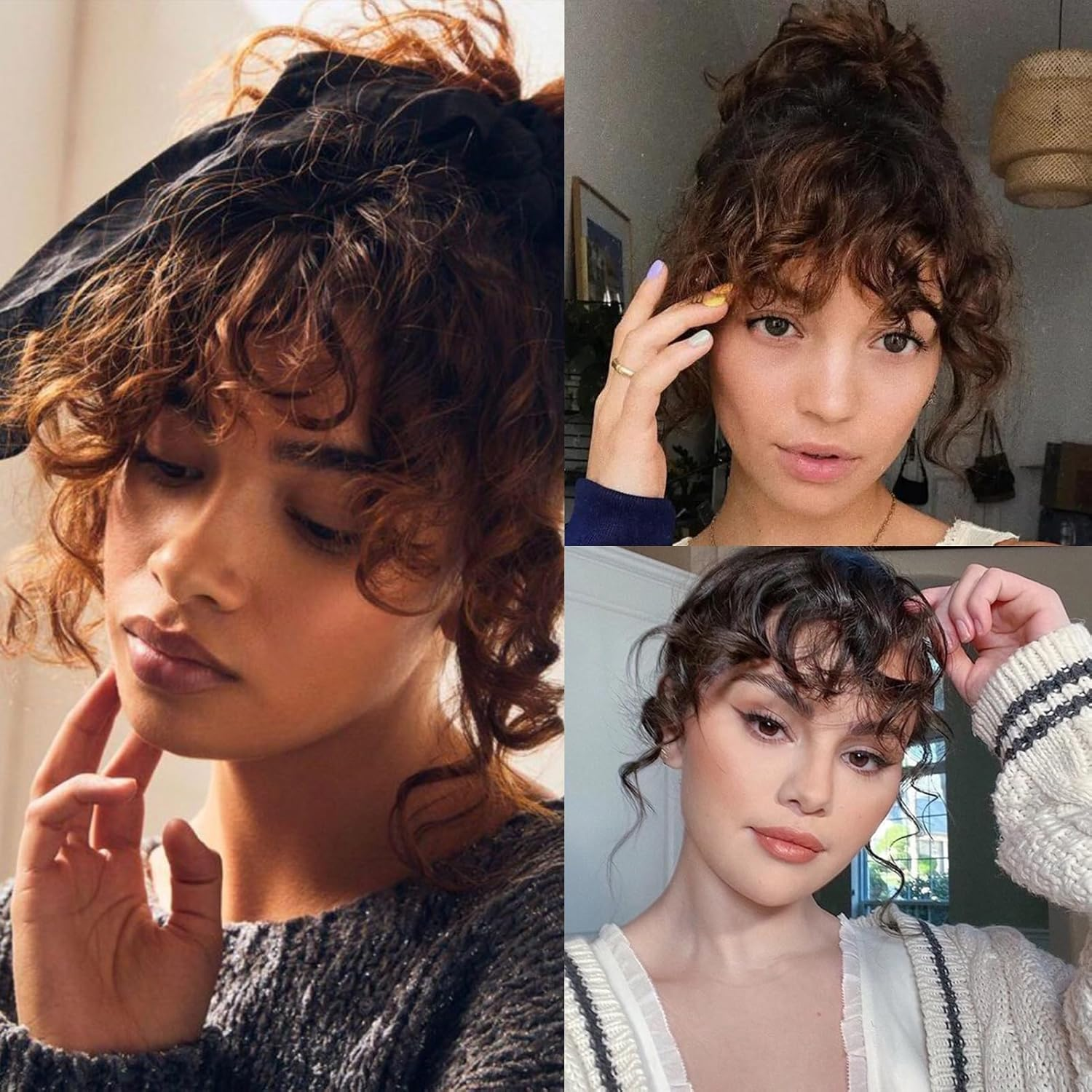 NICENEEDED Clip for Long Curly Fringe Natural Wavy French Pony Curly Air Pony with Clip Wispy Bangs with Temples Hairpieces Fake Fringe Bangs image number 3