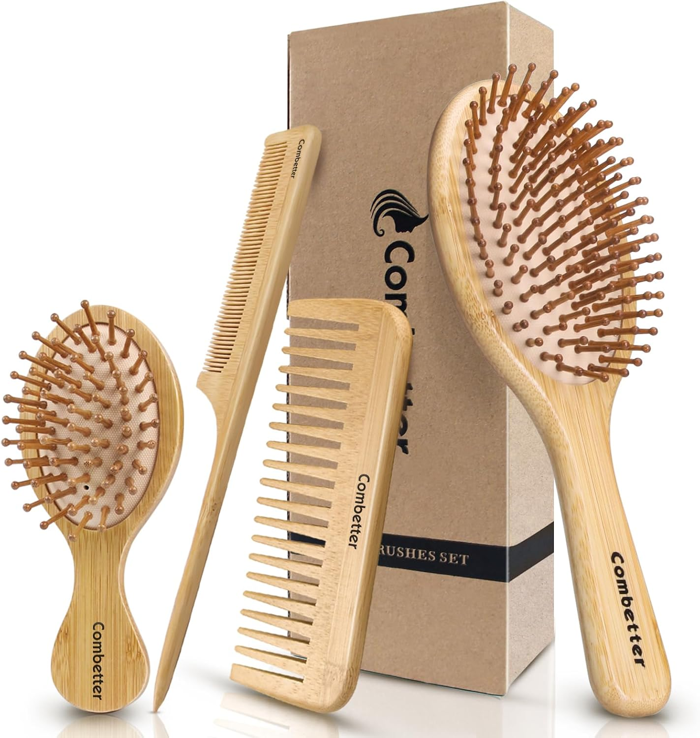 Combetter Bamboo Hair Brush and Comb Set, Eco-Friendly Natural Bamboo Paddle Hair Brush Set, Scalp Massage for Women, Men and Children image number 3