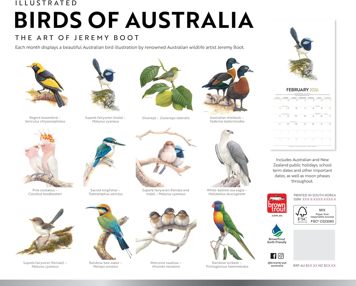 Birds of Australia | the Art of Jeremy Boot | 2026 12 X 24 Inch (Hanging) Monthly Square Wall Calendar | Foil Stamped Cover | Plastic-Free | Browntrout | Animals Ornithology Wildlife image number 1