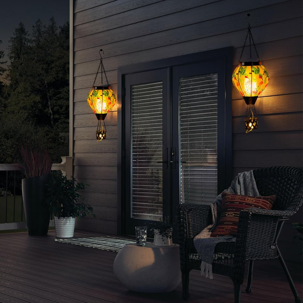 Starsoul Hummingbird Hot Air Balloon Solar Lantern with Candle Holder Glass Outdoor Solar Hot Air Balloon Flickering Flame Lamp Hanging Garden Light Waterproof for Lawn Porch Tree Yard Decorations - Purple-2Pc image number 5