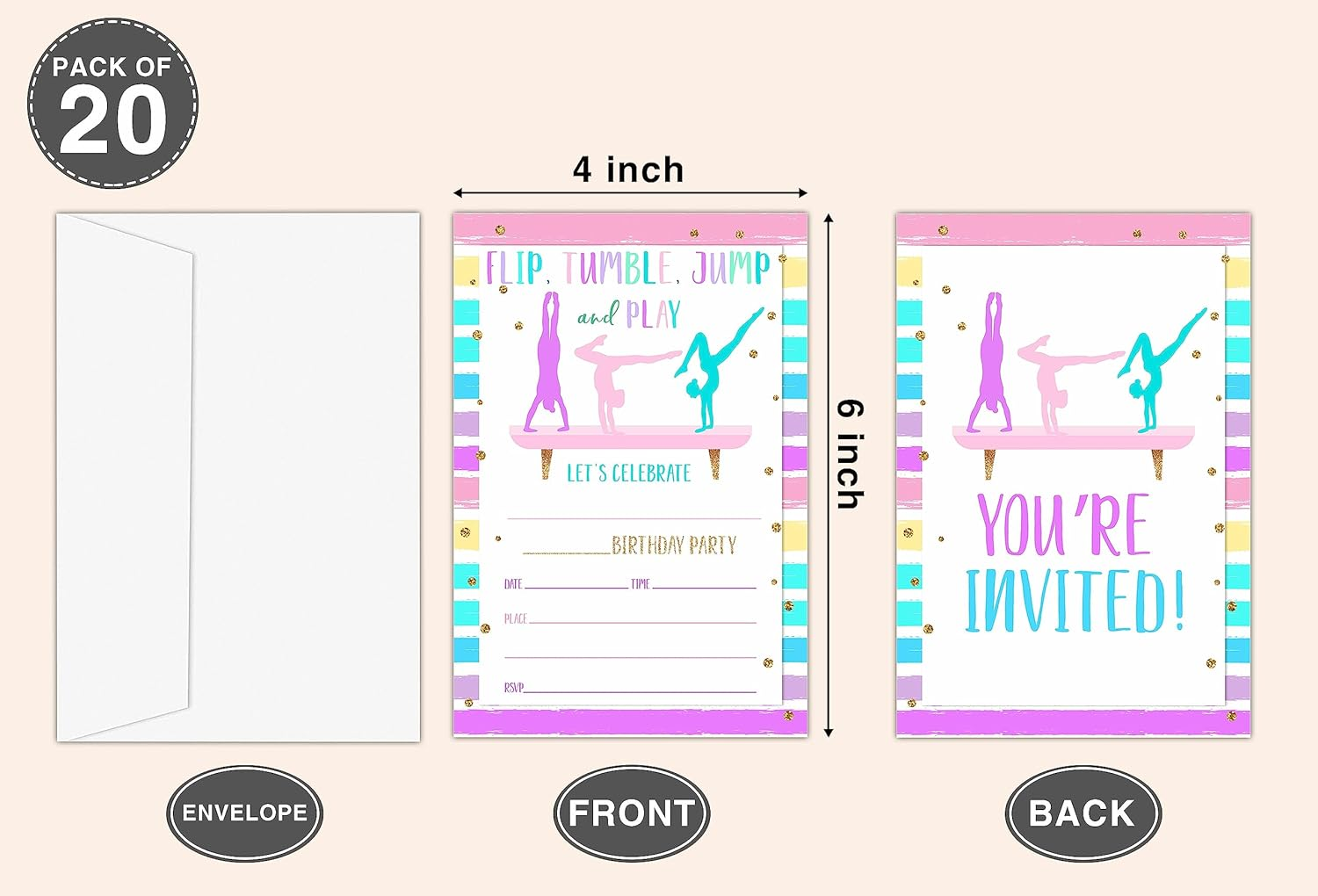 Gymnastics Birthday Invitations, Gymnastics Theme Birthday Party Invitations for Girls Boys Kids, Jump Tumble and Play Fill in Birthday Party Invites, Decorations, 20 Invitations with Envelopes (D04) image number 3