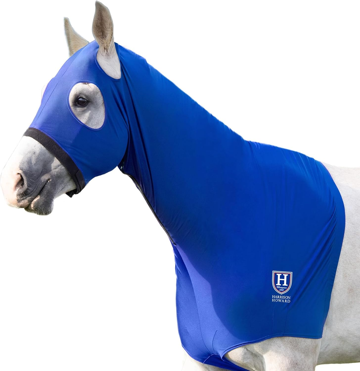 Harrison Howard Horse Stretch Hood without Ears Snug Fitting Hood with Zip Closure Covers Face, Shoulders, Mane, Chest and Withers Perfect for Show/Event Preparation - Blue
