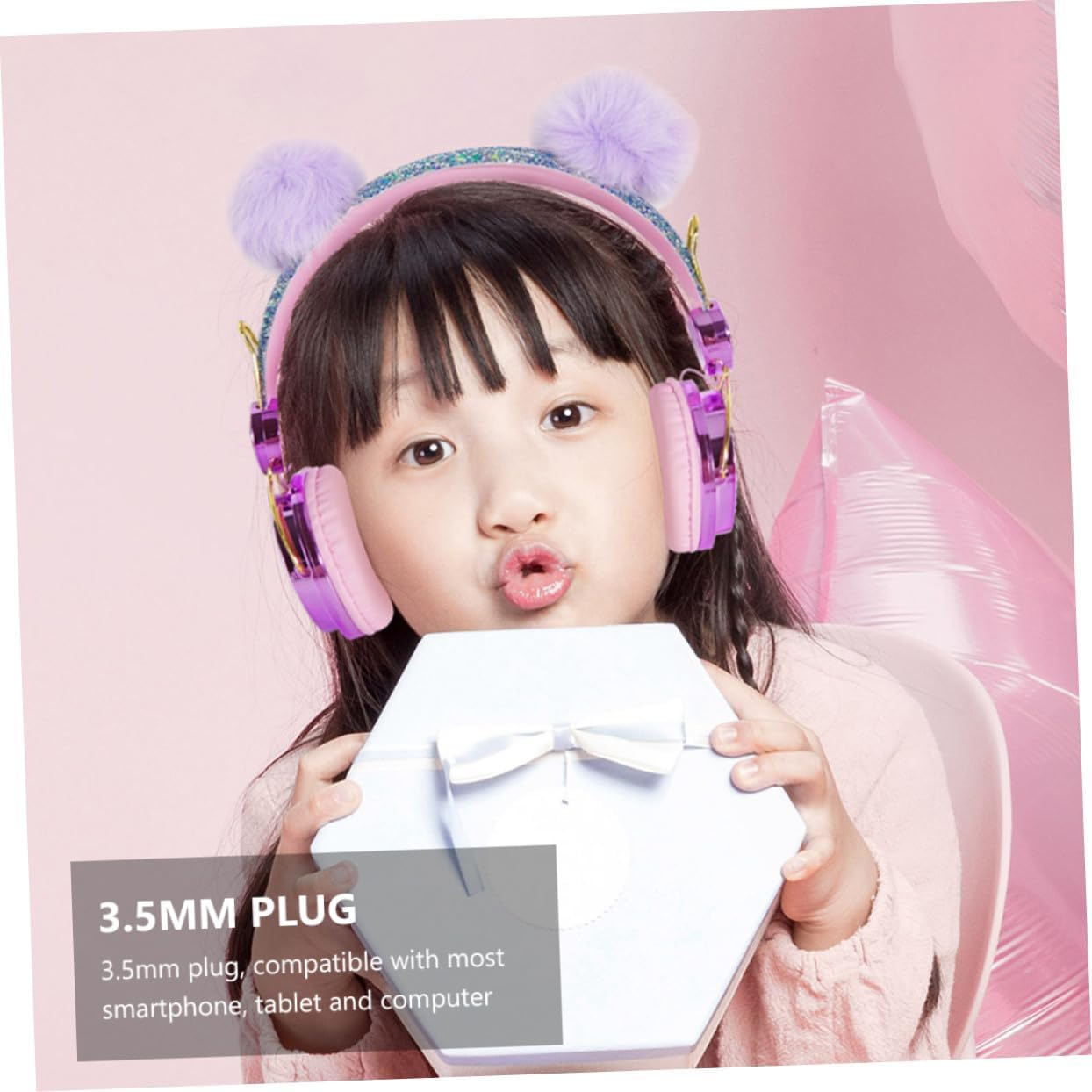 Gadpiparty -Ear Headphones for Kids with Mic, Wired Children Headset for School and Computer Use, Rhinestone Glitter Purple Unicorn Design with Furry Pom-Pom, Girls Earphones Random Color image number 4