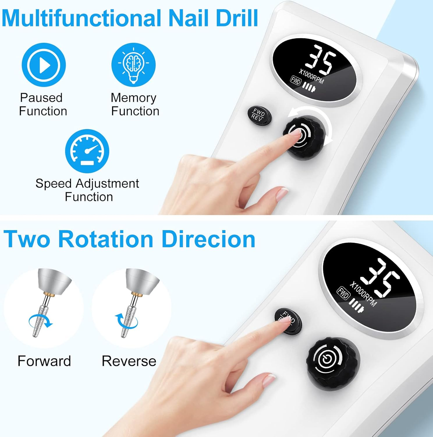 Electric Nail Drill, 35000RPM Professional Nail Drill Machine, Portable Rechargeable File Machine Set for Acrylic Gel Nails, Manicure Pedicure Tools for Home and Salon Use(White) image number 2