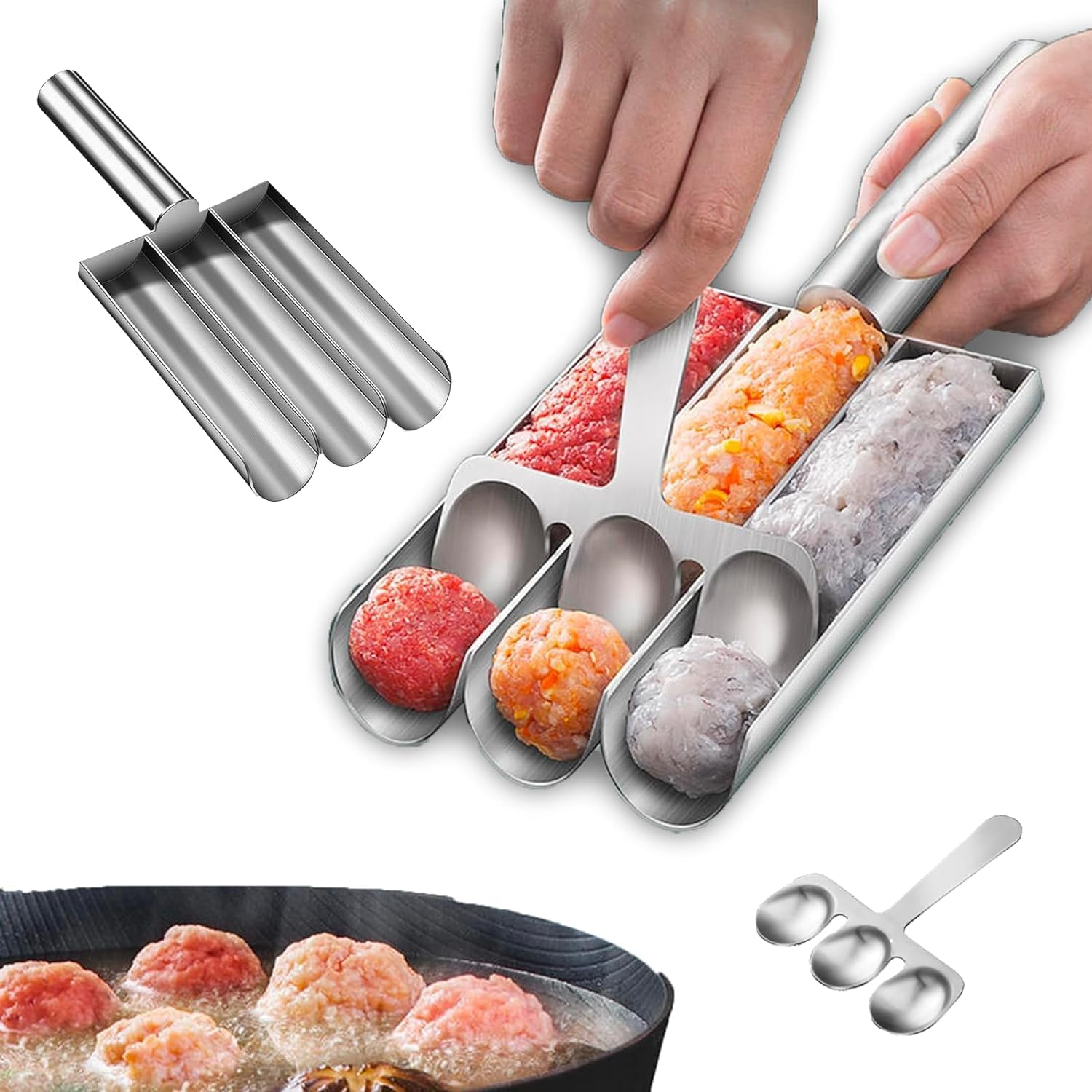 THJOPOKEEL Stainless Steel Triple Meatball Maker, Meatball Maker Tool, Spoon with Cutting, Meatball Making Mold Set, Home Cooking Tools, DIY Quick Cooking Meatballs image number 4