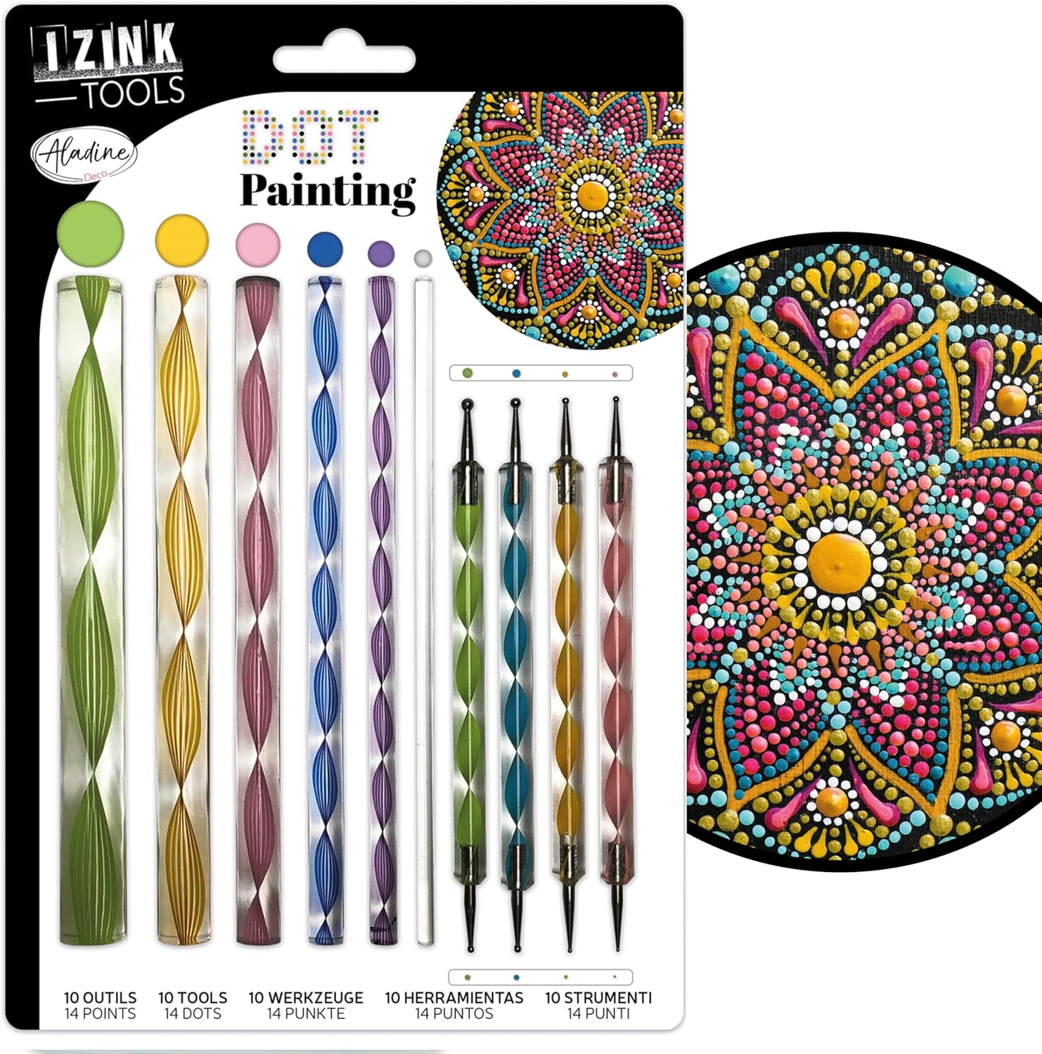 Aladine 80811 Kit Outils De Dot Painting 10 Accessories & 14 Attachments for Mandalas, Pebble Painting, Wood, Fabric, Canvas Dotting Dots, Creative Hobby-80811, Multi-Colour, Loisirs Cr&eacute;atifs image number 6