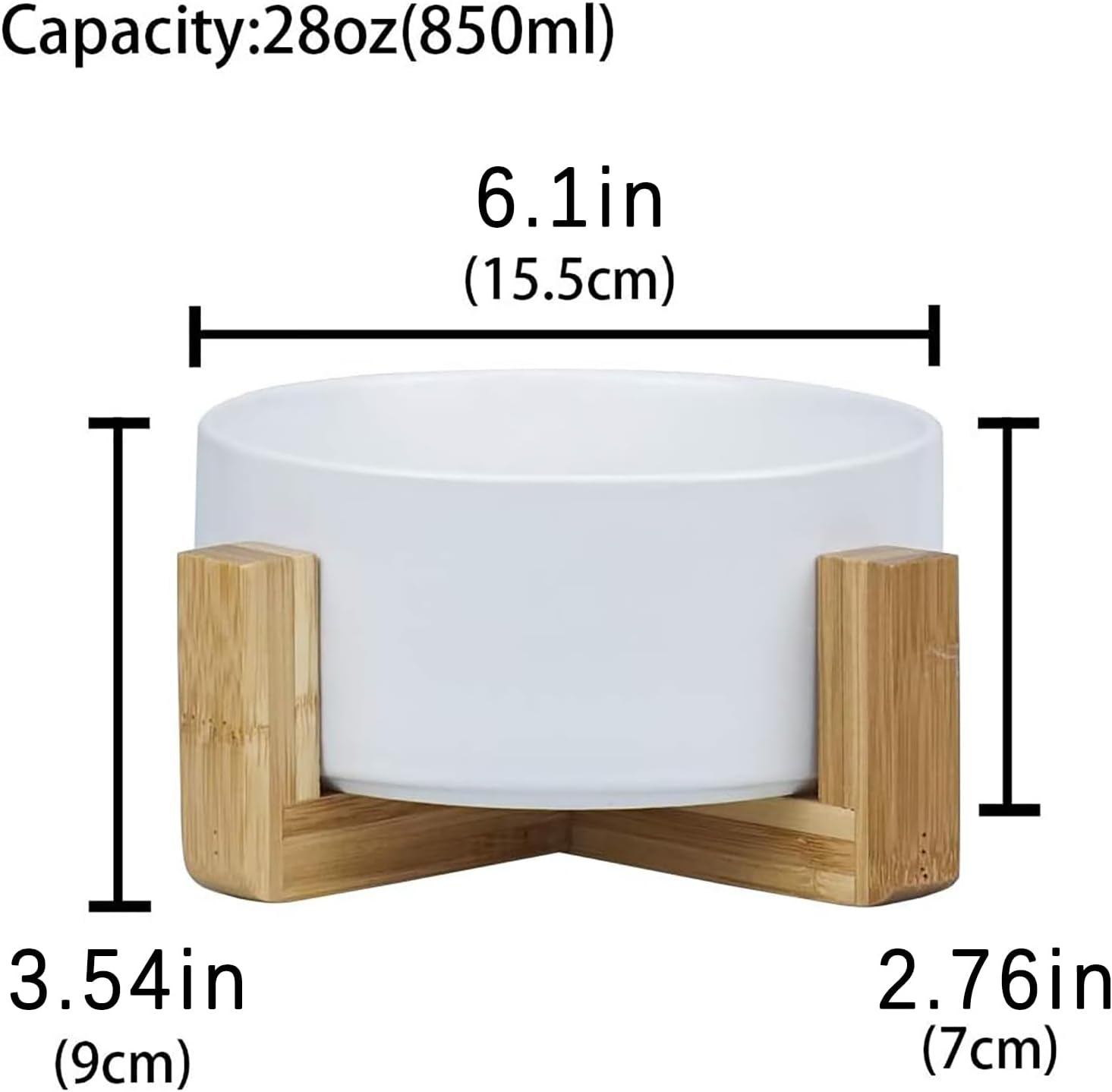 Ceramic Cat Bowl,Small Dog Food Bowl,With Wood Stand Non-Slip,Double White Bowls,Ceramic Bowl for Food and Water (800Ml/27Oz)