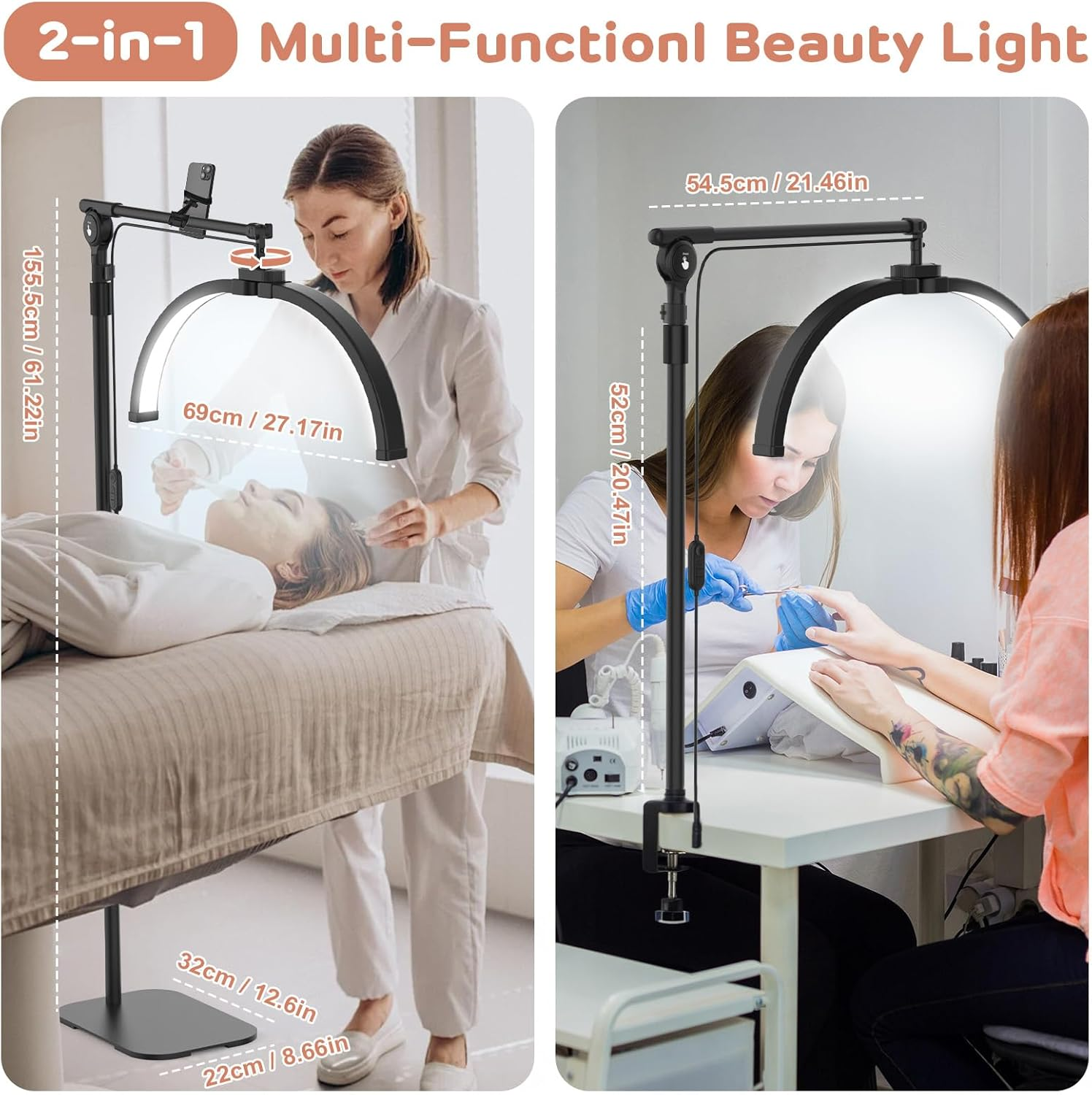 Advwin Lash Light, Half Moon Floor Fill Lamp 2-In-1 Led Desk Lamp with Phone Holder, Rotatable Standing Floor Estheticians Light for Tattoo Salon Eyelash