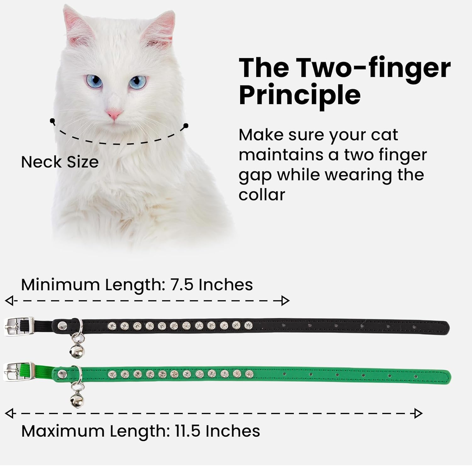2 Pack Cat Collars with Bells, Rhinestones Leather Cat Collar with Elastic Strap, Kitten Collar, Adjustable Diamond Cat Collar for Girl Boy, 7.5" - 11.5", Black and Green image number 4