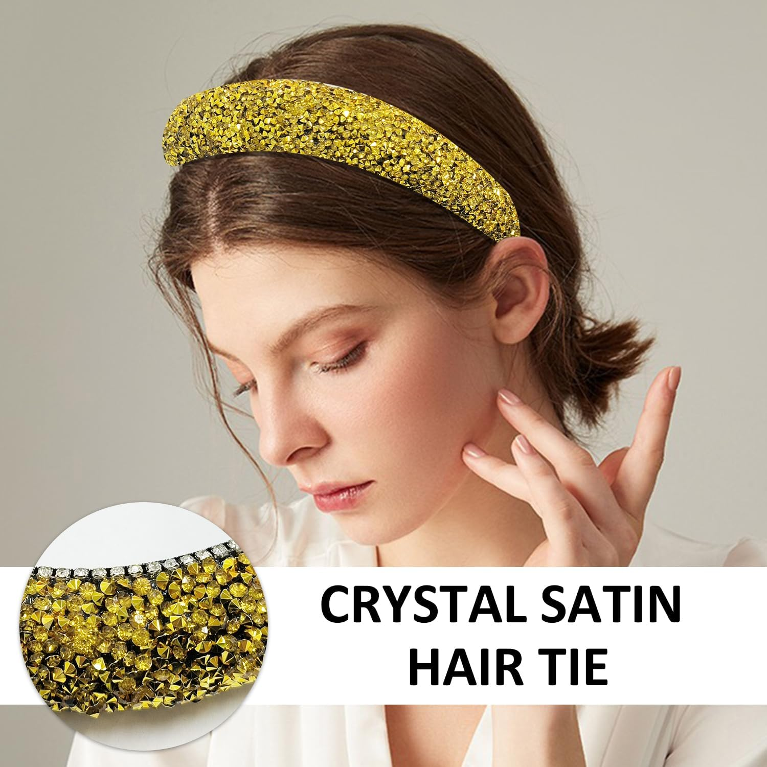 1 Piece Gold Rhinestone Headband, 1 Piece Gold Hair Scrunchie, Hair Band, Gemstone Hair Band, Crystal Satin Hair Scrunchie, Suitable for Parties, Gatherings, Birthday and Holiday Gifts image number 4