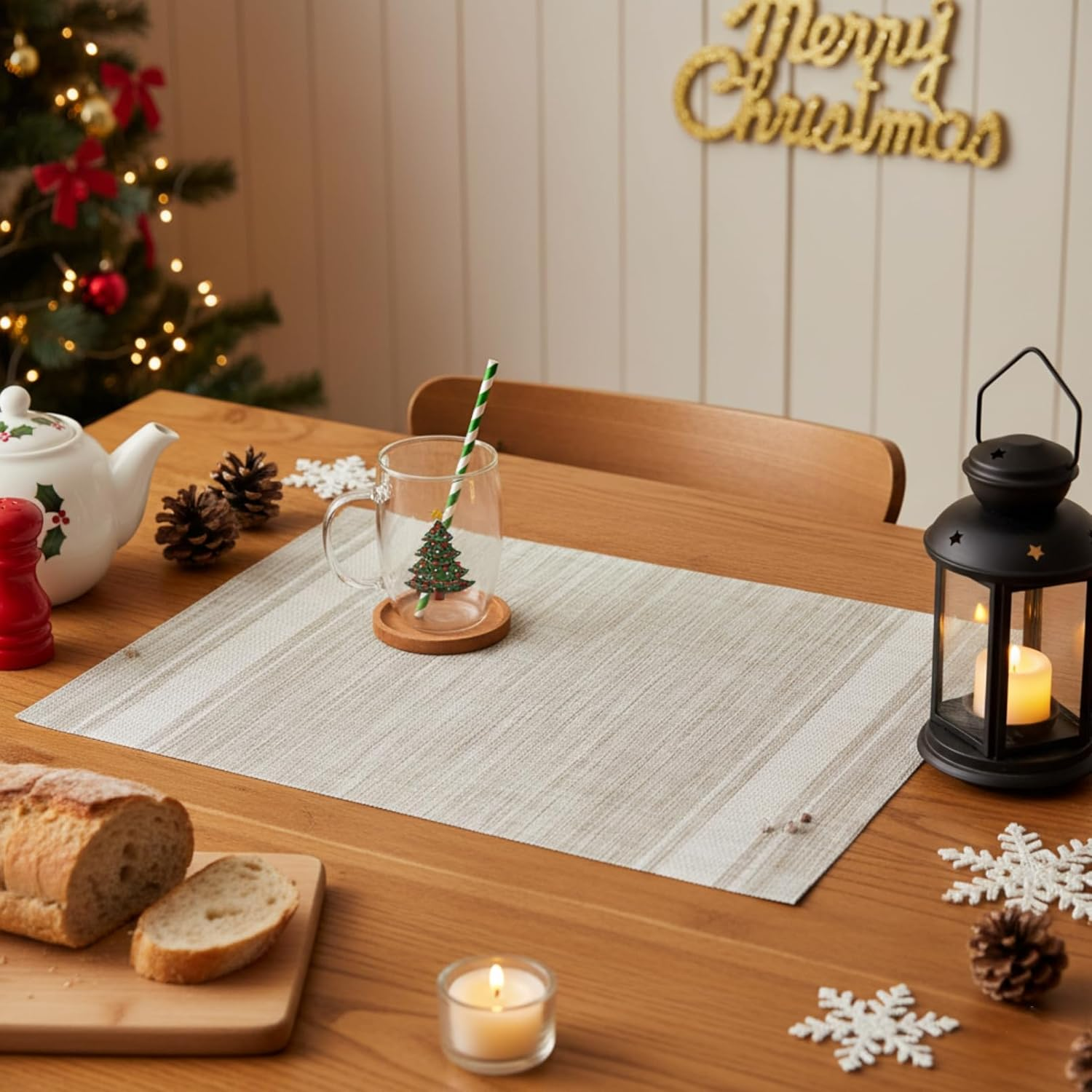 Placemats Set of 6, Heat & Stain Resistant Non-Slip Elegant Woven Vinyl Table Mats, Washable Table Mats for Dining Room Kitchen (Beige White) image number 4