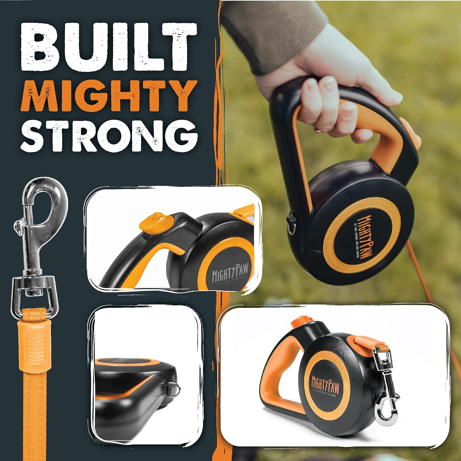 Mighty Paw Retractable Dog Leash 2.0 | 16&rsquo; Heavy Duty Reflective Nylon Tape Lead for Pets up to 110 Lbs. Tangle Free Design W/One Touch Quick-Lock Braking System & Anti-Slip Handle. (Orange/Standard) image number 4