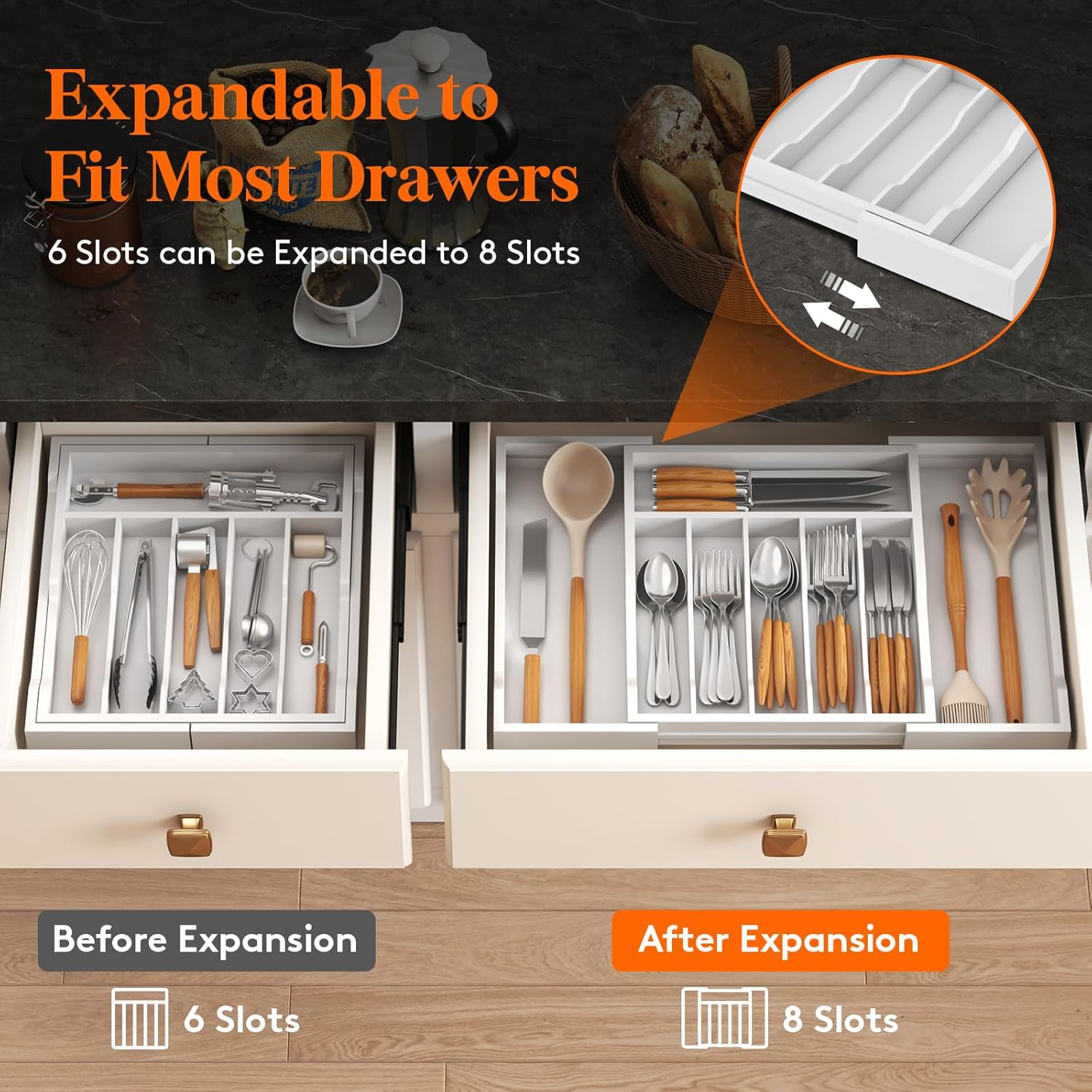 Lifewit Silverware Drawer Organizer, Expandable Utensil Tray for Kitchen, Bamboo Flatware and Cutlery Holder, Wood Adjustable Storage for Spoons Forks Knives, Large, White
