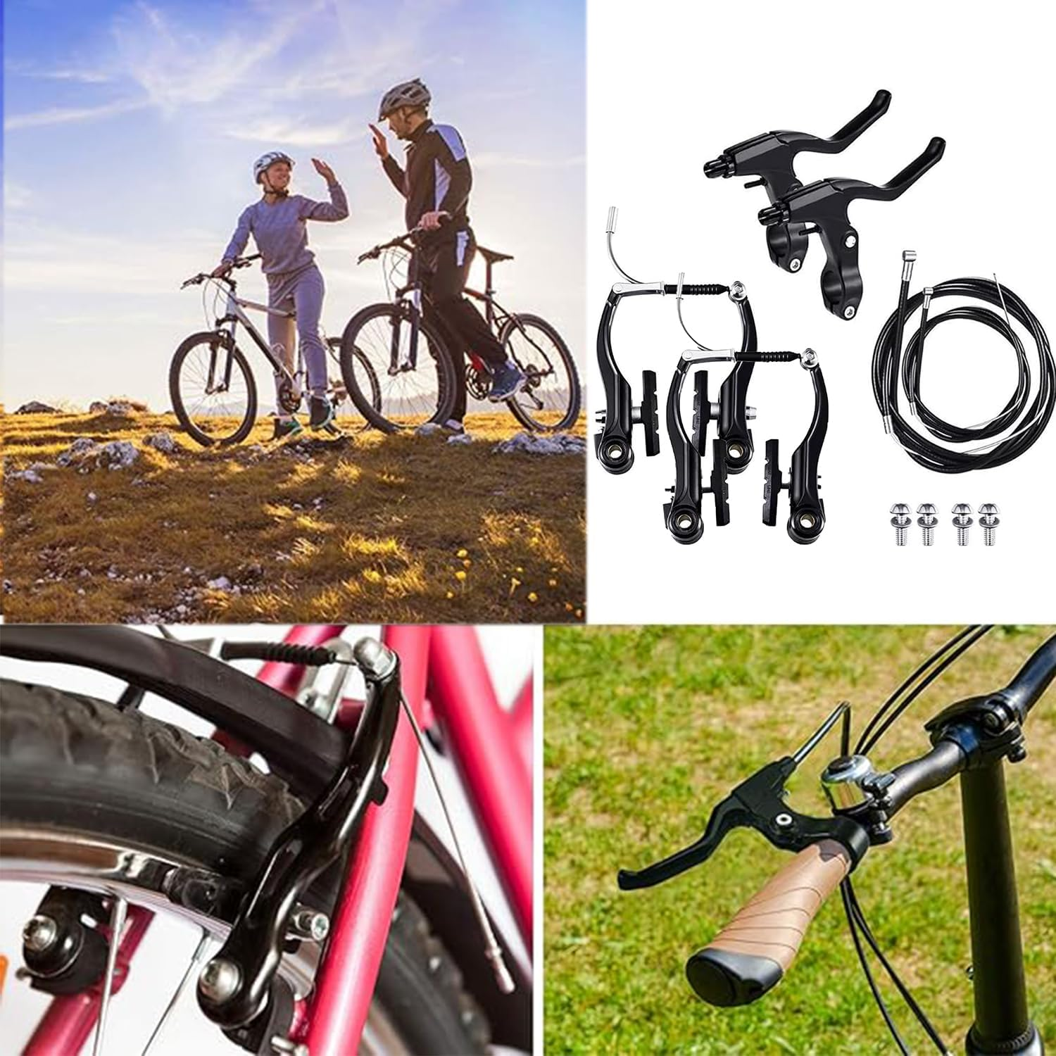 Roczential Brake Set for Mountain Road Bikes Front and Rear 70Cm 170Cm Cable Aluminium Alloy V Brake Kit with Levers Cables Pads Full Replacement System