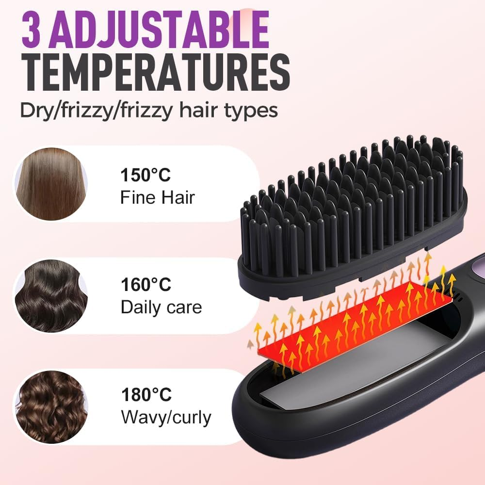 Go Brush Pro, Cordless Hair Straightener Brush, Portable Mini Hair Straightening Brush with 3 Temperature Settings & LED Display, USB Rechargeable Fast Heating Hairs Brush for Travel (Black) image number 1