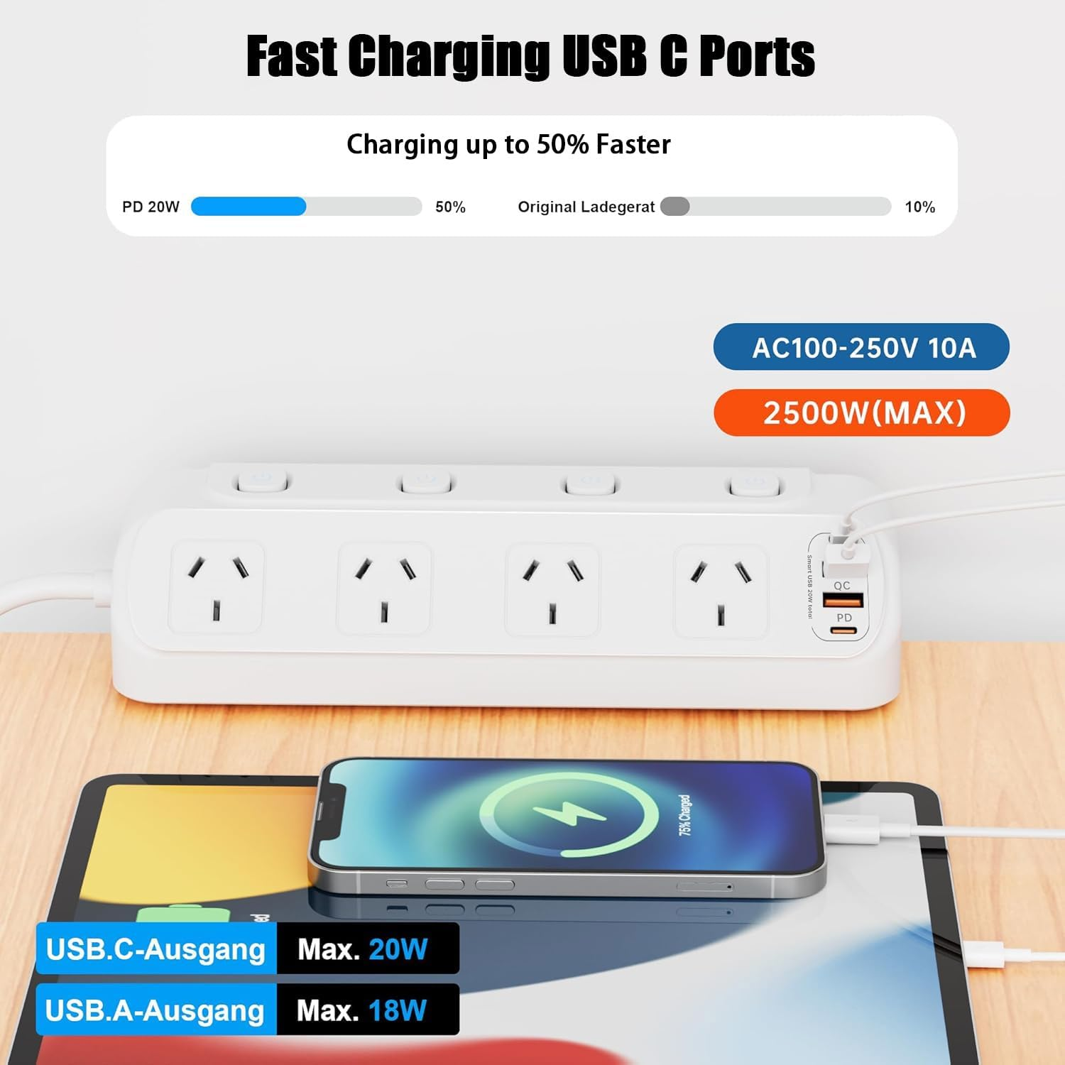 HITRENDS PD 20W Desk Clamp Power Board, Fast Charging Station, 4 AC Outlets and 4USB Ports(2Usb C), Desktop Mounted Power Strip 900J Surge Protected, 2M Extension Cord for Office, Home, White image number 2