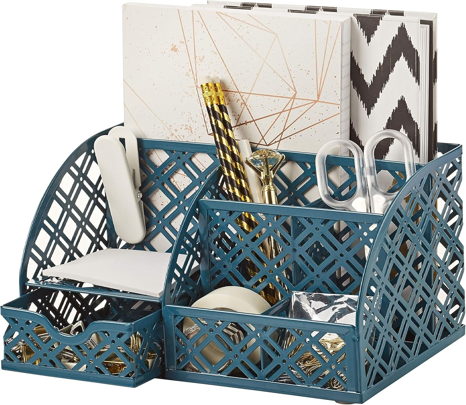 EXERZ Desk Organiser/Mesh Desk Tidy Caddy/Pen Holder/Multifunctional Organiser with 7 Compartments (Light Pink)