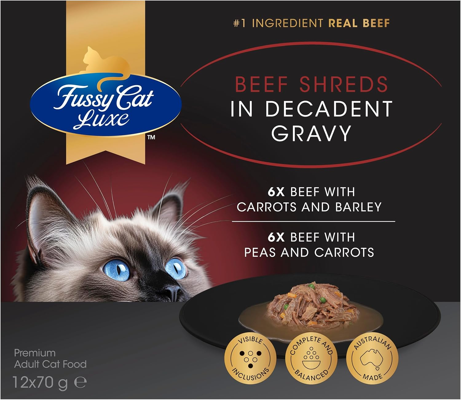 Fussy Cat Luxe Wet Dog Food, Beef Shreds Decadent Gravy 12X70G - Elevated Taste, Real Beef Shreds, Complete & Balanced, Australian Made Cat Food image number 3