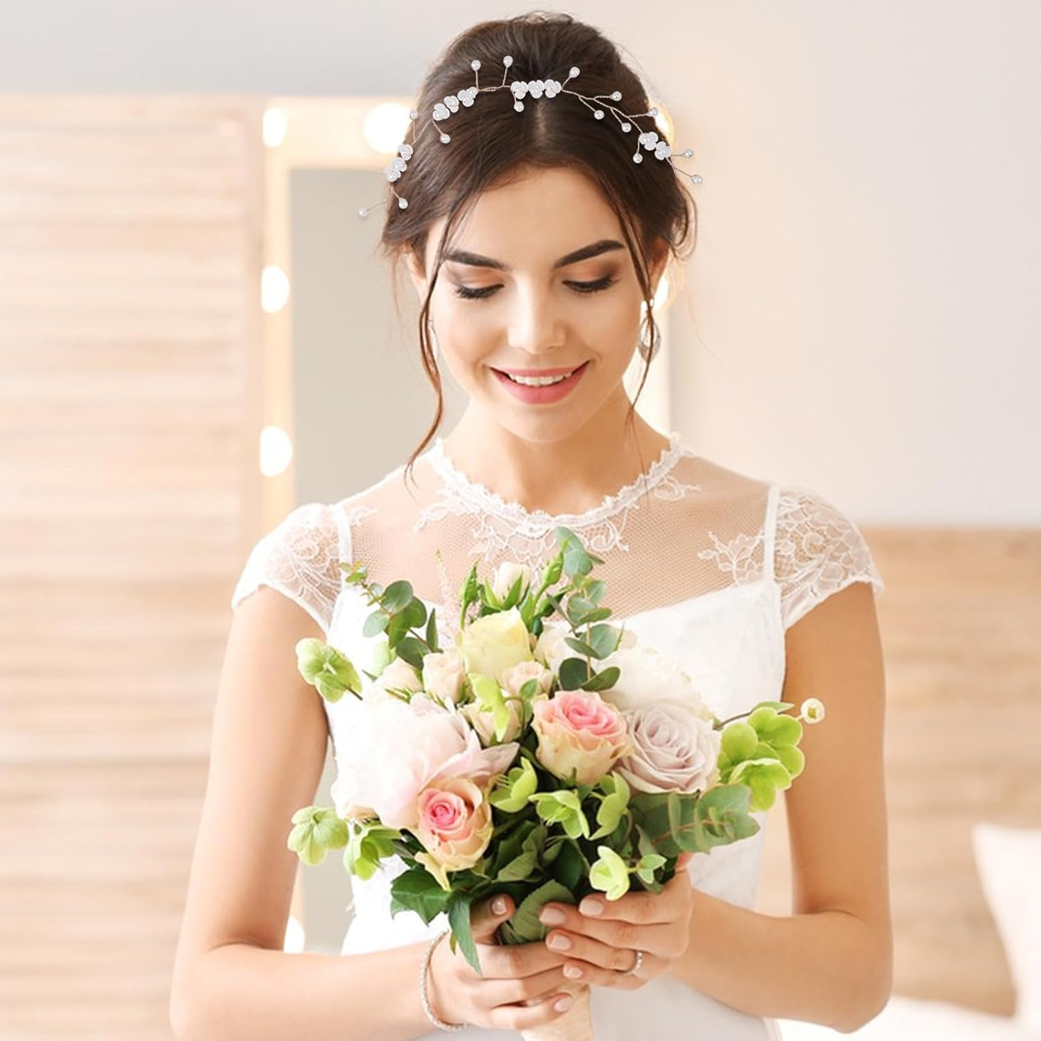 Simsky Flower Wreath Headband for Women, Flower Headband Boho Hair Accessories, Flower Wreath Hair Accessories for Bride & Flower Girls at Wedding & Party, Wedding Ceremony Party (Gold) image number 1