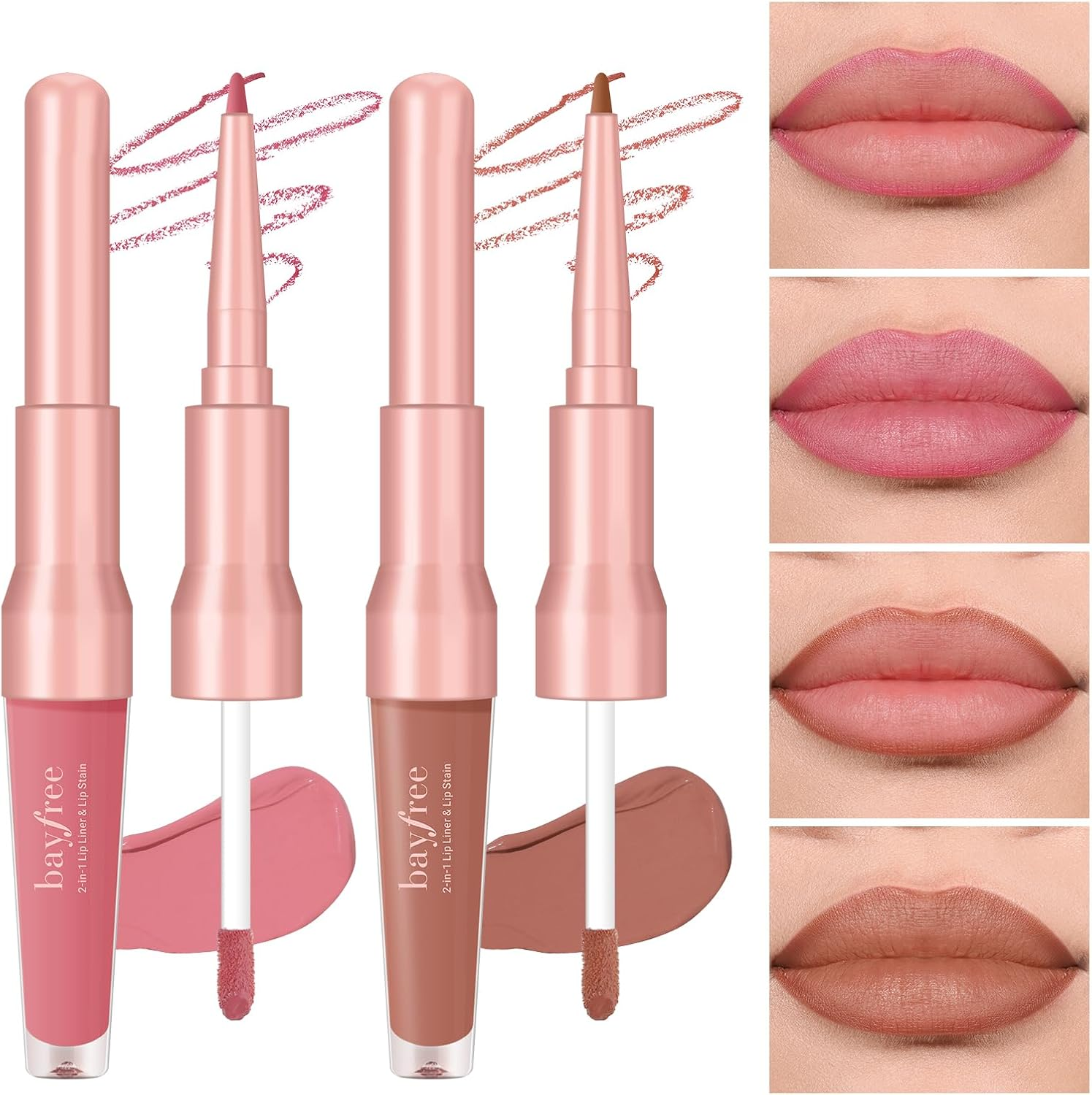 Bayfree 2 PCS Lip Liner and Lip Stain Combo Set, High Pigmented Long Lasting Velvet Lip Tint, Well-Defined Lipliner, Weightless Waterproof Not Animal Tested, Matte Finish Makeup