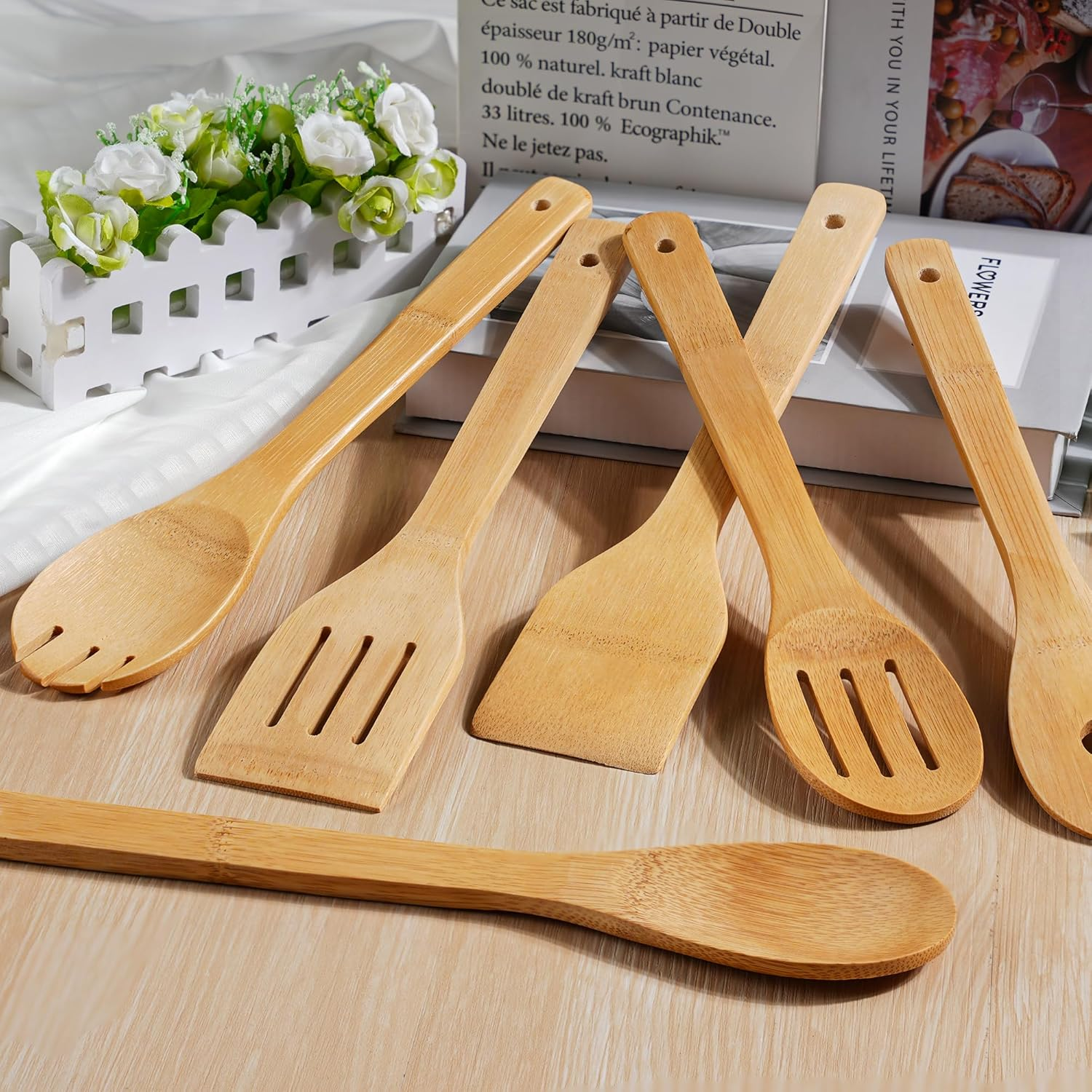 IOOLEEM 6 Pcs Bamboo Wooden Spoons, 12Inch, Non-Stick Kitchen Utensils Set, Natural and Durable Wooden Spatula Spoons for Non-Stick Pan image number 4