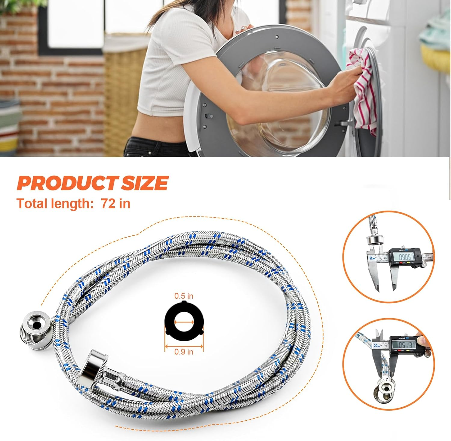 6FT Washer Stainless Steel Hoses with 90 Degree Elbows by Beaquicy - Burst Proof 3/4" FHT Standard Thread - 2 Pack Red and Blue Braided Hoses for Hot and Cold Water Supply - 10 Year Warranty image number 5