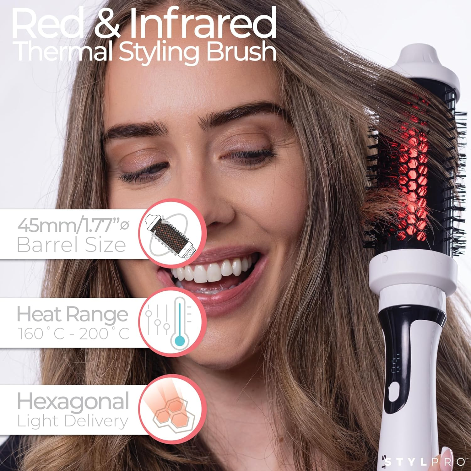 STYLPRO Thermal Brush with Red and near Infrared Leds - 58 NIR + 84 Red Leds, Ceramic Cylinder, Adjustable Heat, Lightweight Blowout and Curling Brush for All Hair Types image number 1