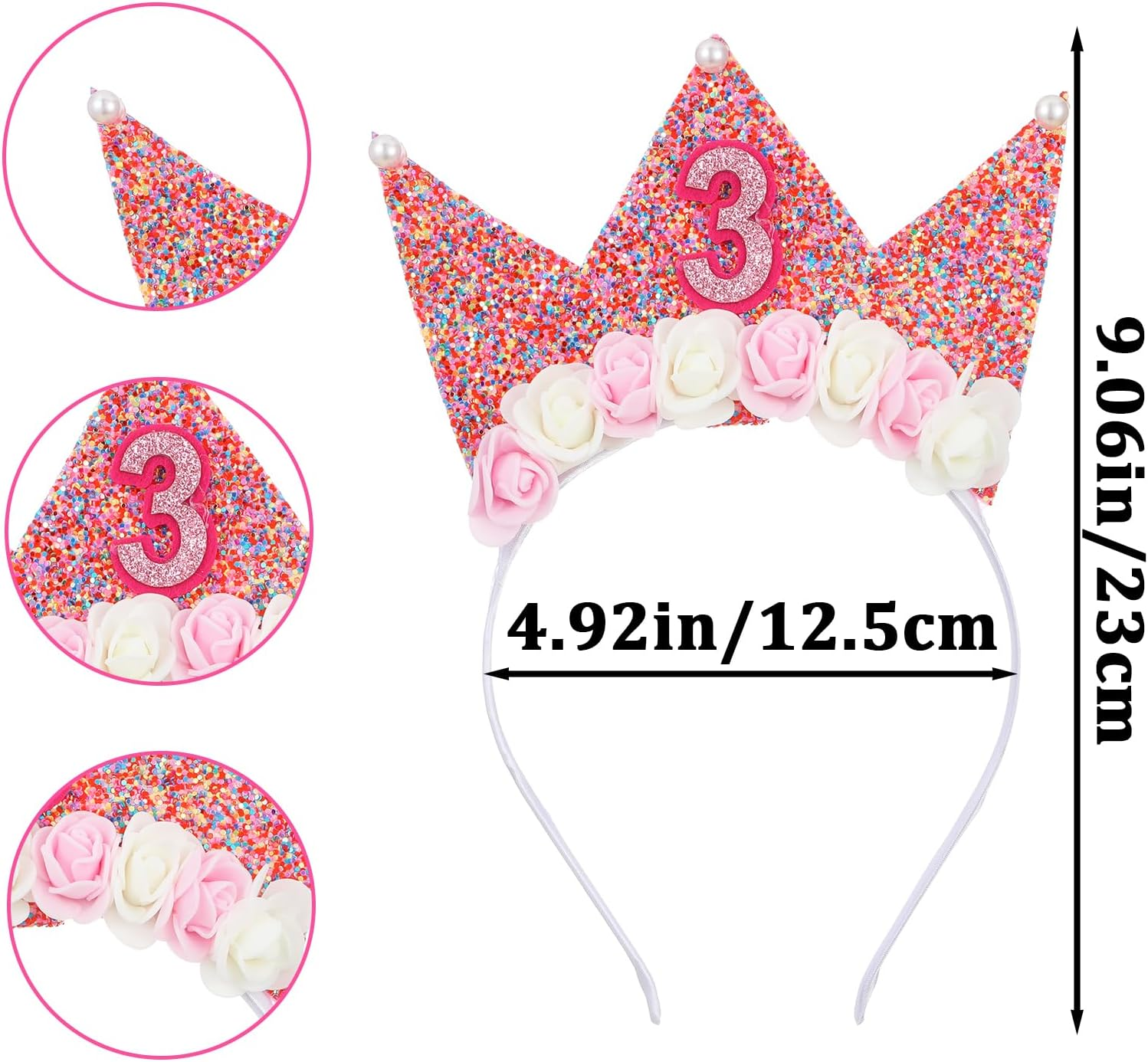 3Rd Birthday Crown Headband Glitter Flower Birthday Decoration Princess Birthday Girl Tiara Elastic Bling Party Accessories 3 Year Old Hair Band Photo Prop image number 1