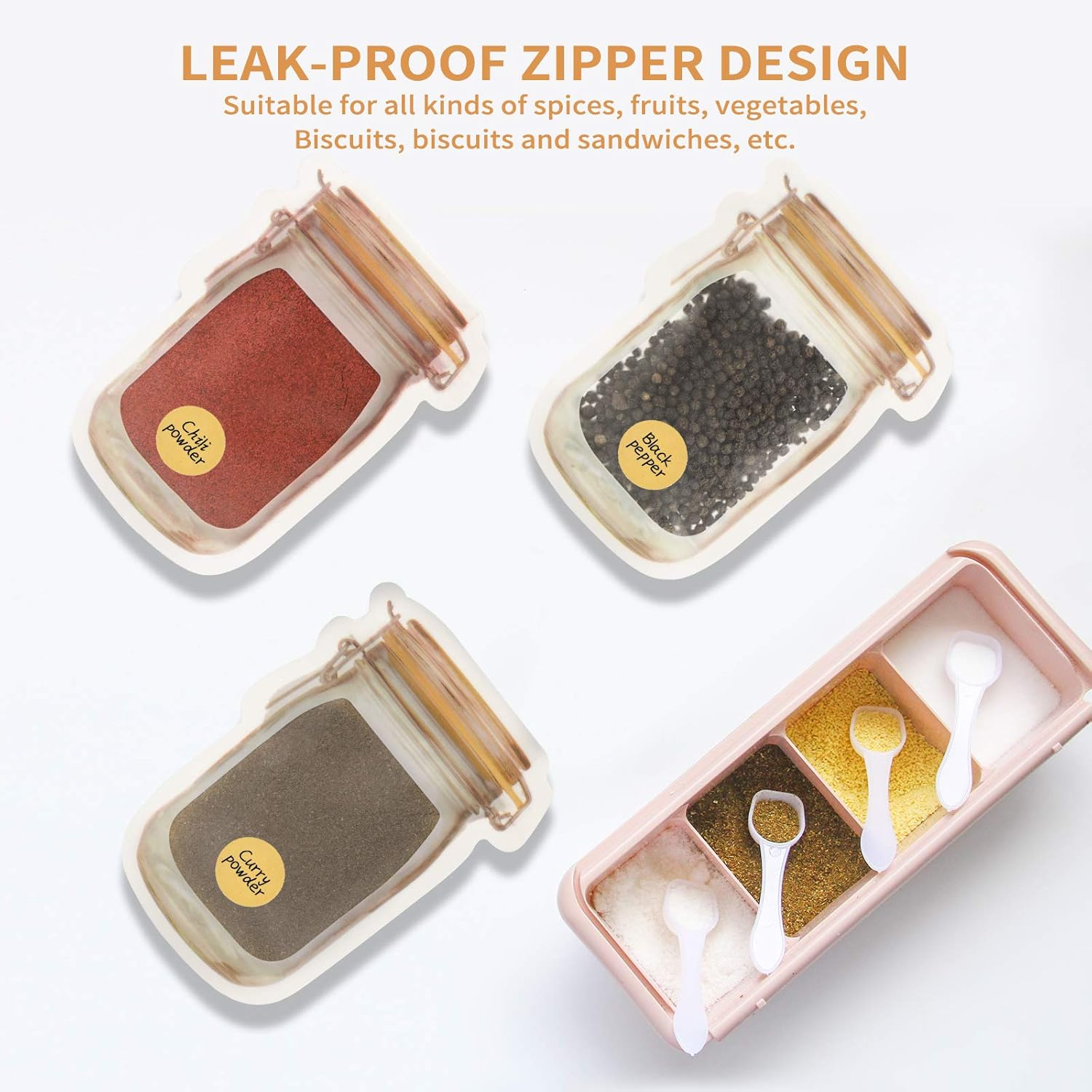 Mlife Spice Storage Bags-20 PCS Small Mason Jar Spice Jars Bags with 48 PCS Spice Labels,Snack Saver Container Leak-Proof Zip-Lock Bags for Travel Camping Picnic image number 1