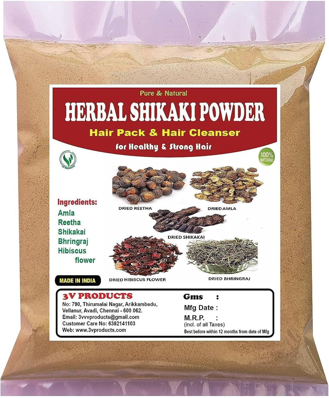 3V PRODUCTS Herbal Shikakai Powder 1Kg (Amla, Reetha, Shikakai, Bhringraj, Hibiscus Flower Mixing) for Hair Pack & Hair Cleanser for Healthy Strong Hair - Unisex image number 1