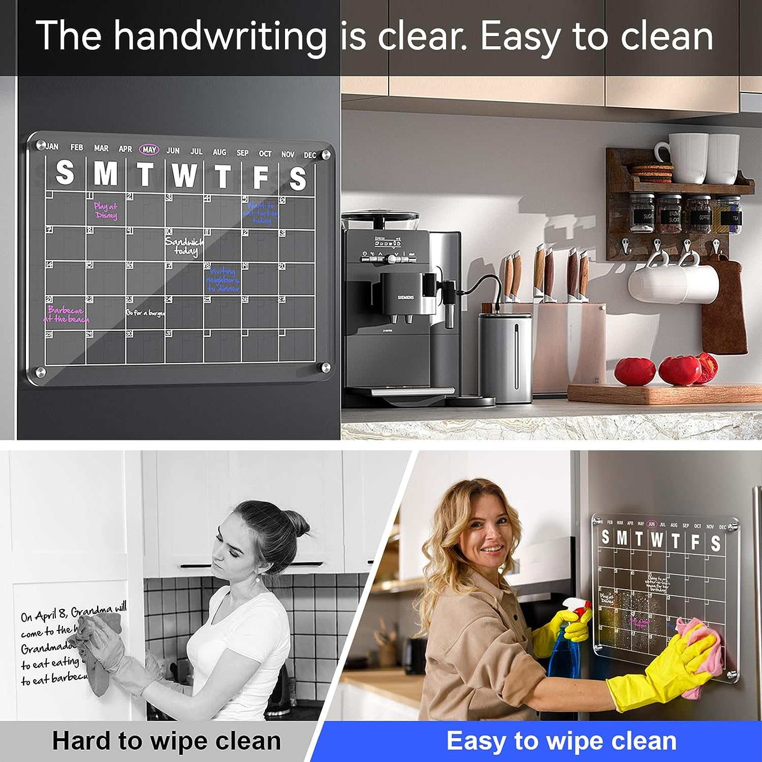 Acrylic Magnetic Fridge Calendar 2Pcs Clear Monthly Planner and Memo Board for Fridge 15.8" X 11.8" Reusable Organiser Board Includes 6 Wet Erase Markers, Markers Holder, Wipe Cloth