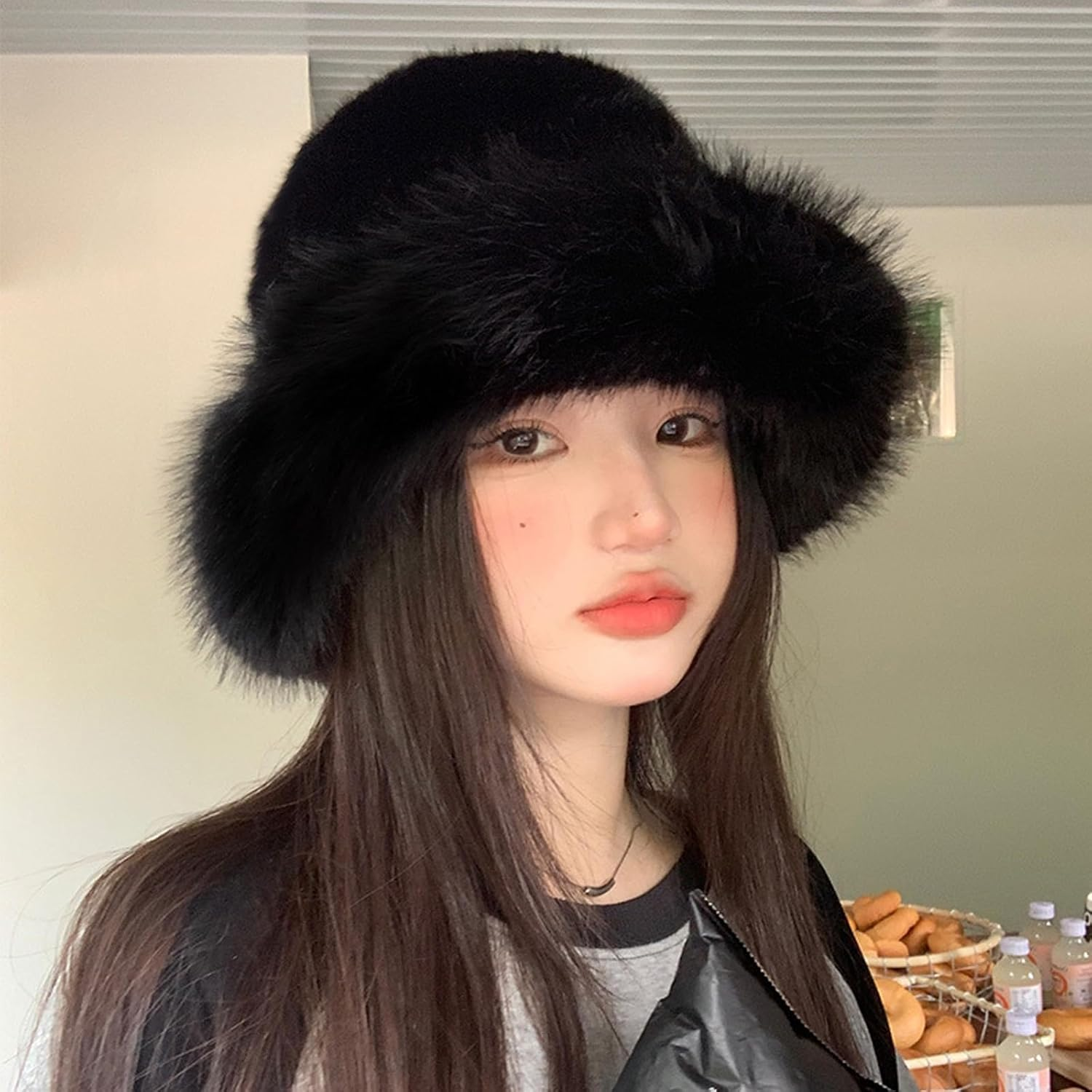 Lopsity Women'S Faux Fur Winter Bucket Hat Fluffy Warm Hat for Men Fuzzy Bucket Hat Winter Wrap Hat - Black image number 6