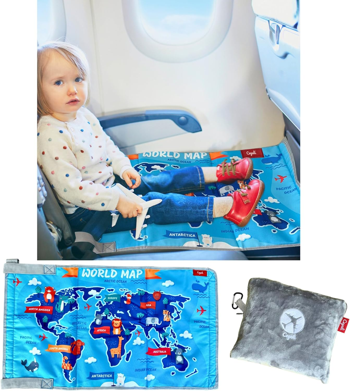 Cegali Airplane Seat Extender for Kids: Enhance Your Child'S In-Flight Comfort. Travel Toddler Bed, Airplane Footrest, Airplane Foot Hammock and Seat Extender, All in One (Little Pilot - Cool Grey) image number 4