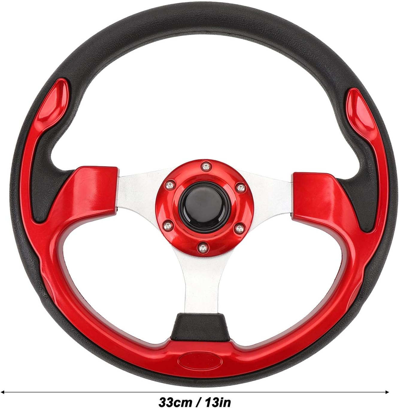 Universal Car Racing Steering Wheel, 13 Inch 6 Bolt Leather and Aluminum Car Sport Steering Wheel, 3-Spoke Steering Wheel for Most Vehicles/Racing Cars, with Horn Button (Red) - Black image number 5