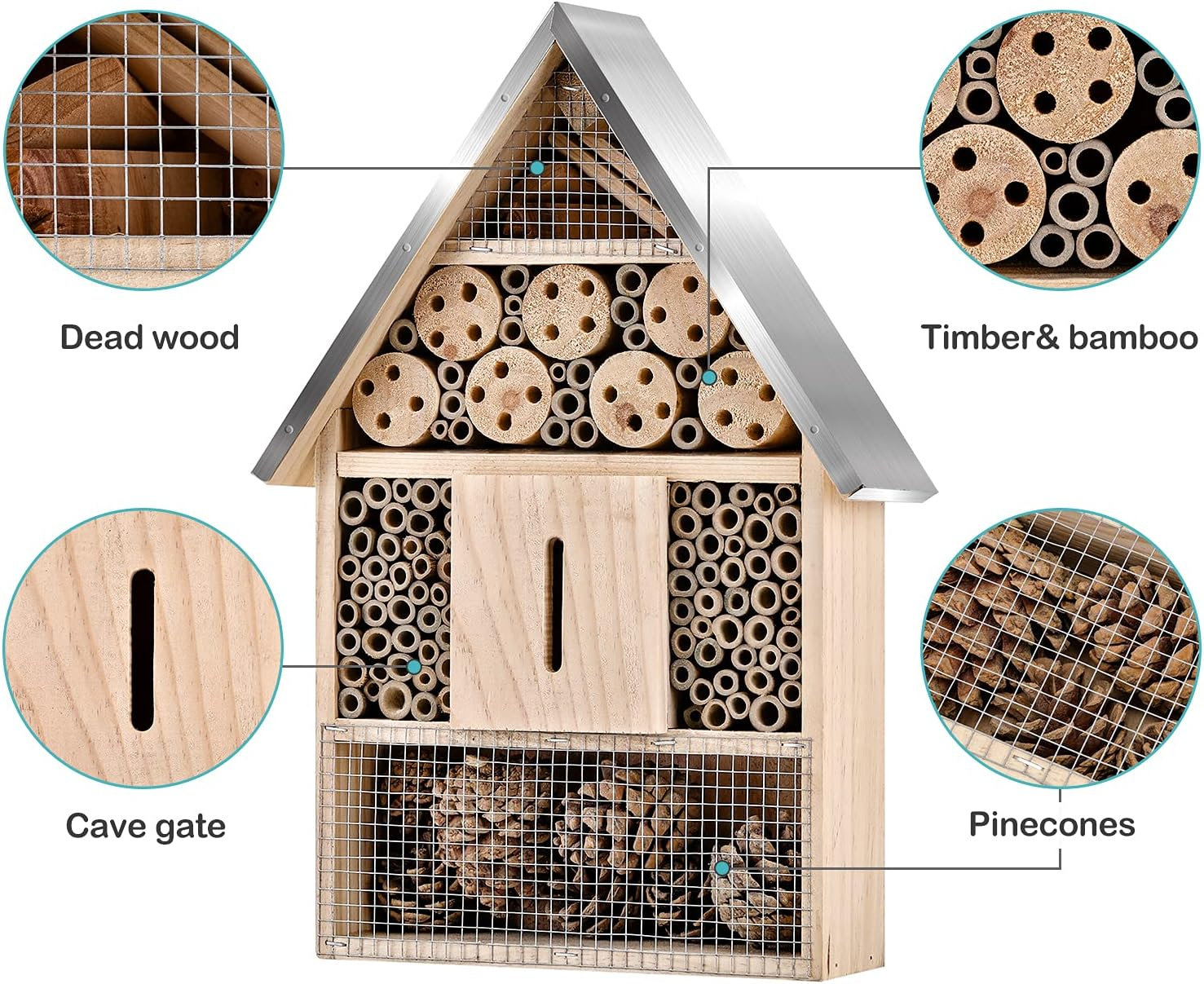 Wooden Mason Insect House, Outdoor Hanging Bamboo Habitat for Bees, Butterflies, Ladybugs - Garden Insect Hotel, 9 X 15.7 X 2.5 Inch image number 2